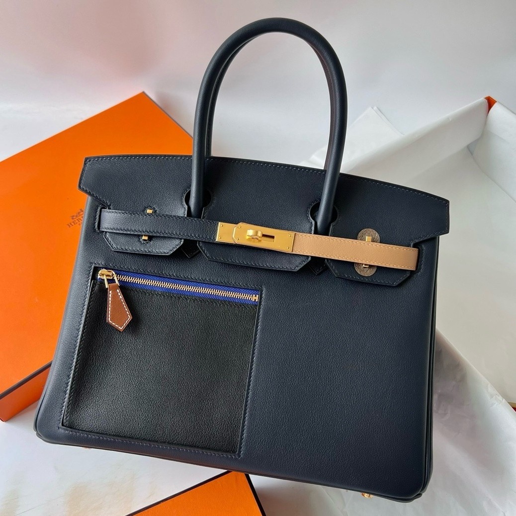 H**mes colormatic birkin 30 bag in blue nuit, black and chai swift leather