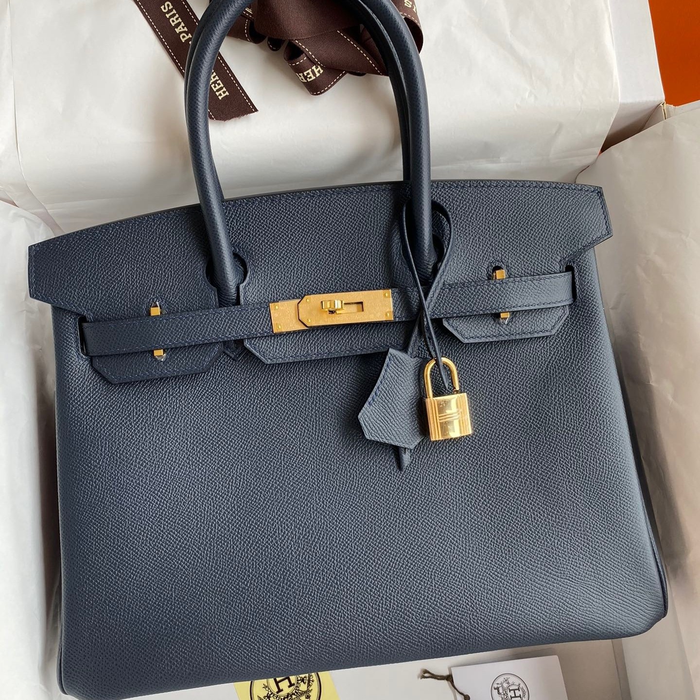 H**mes birkin 30 retourne handmade bag in blue nuit epsom calfskin