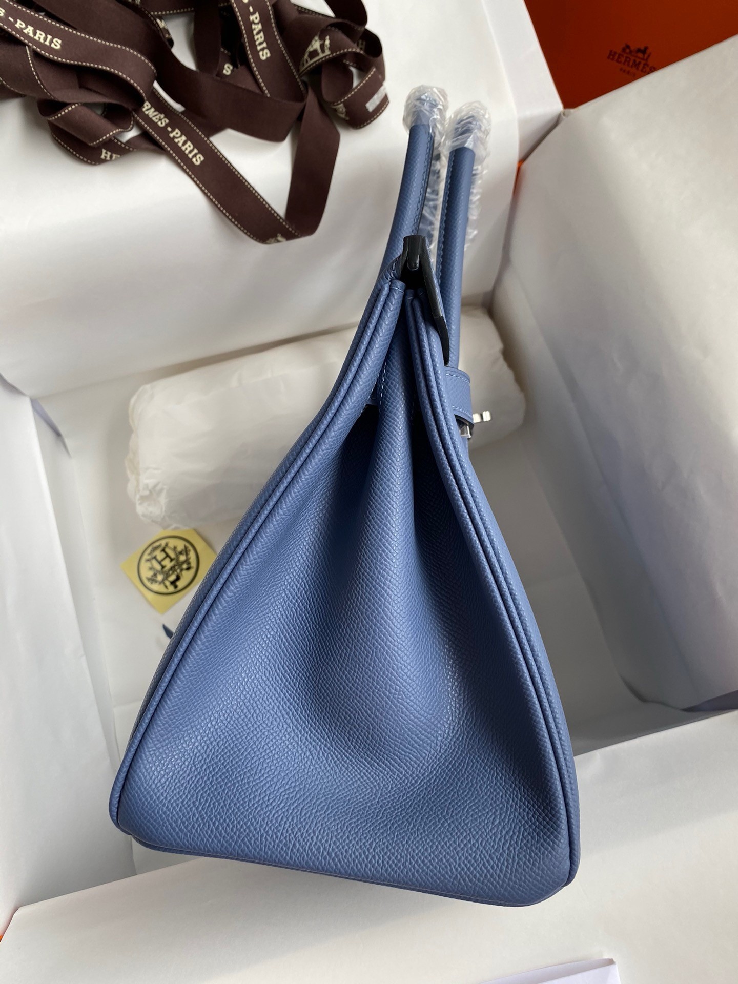 H**mes birkin 30 retourne handmade bag in blue agate epsom calfskin