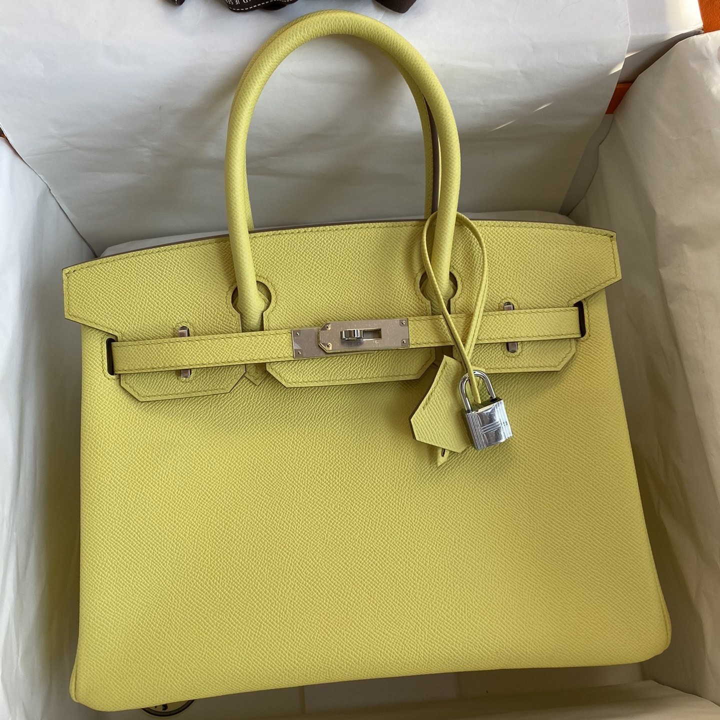H**mes birkin 30 retourne handmade bag in lime epsom calfskin