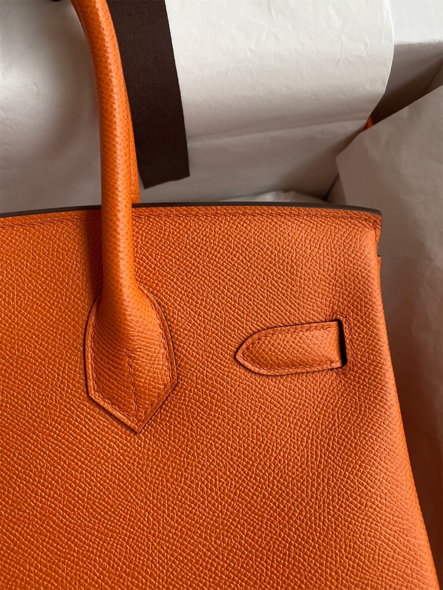H**mes birkin 30 retourne handmade bag in orange epsom calfskin