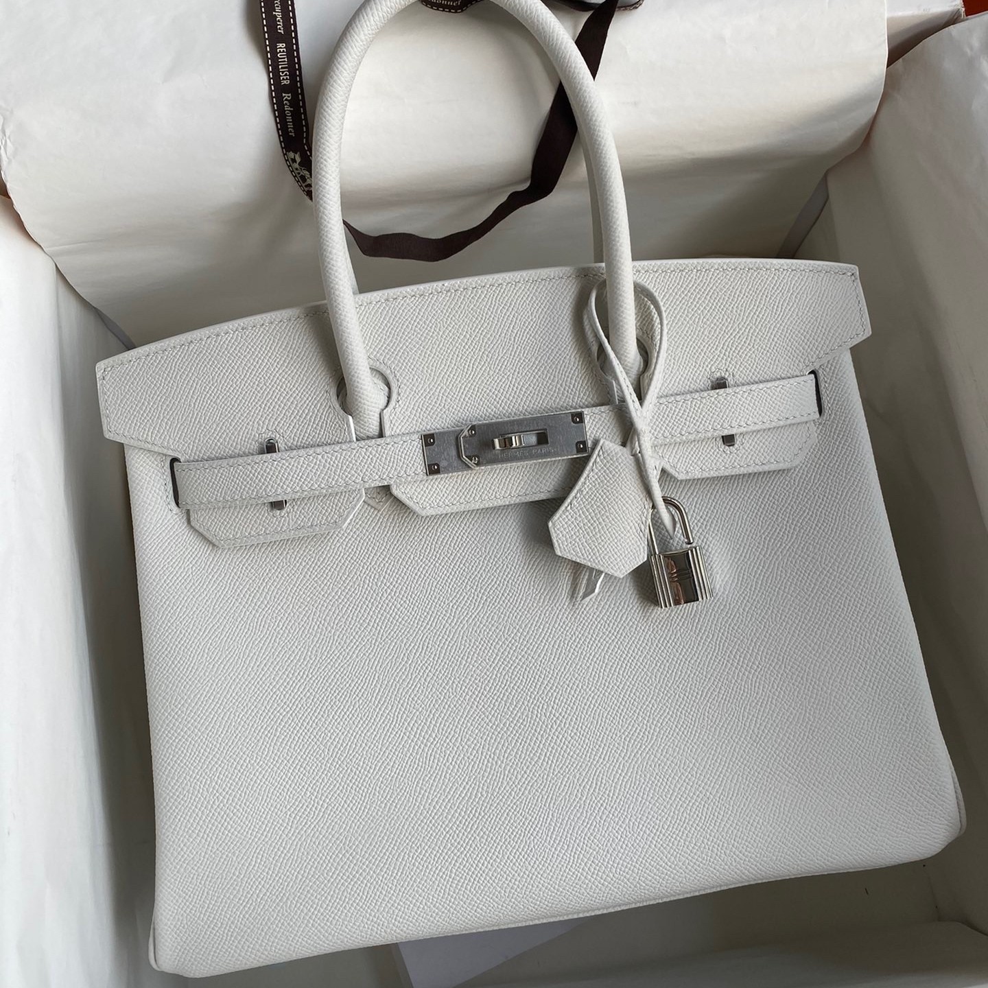 H**mes birkin 30 retourne handmade bag in white epsom calfskin