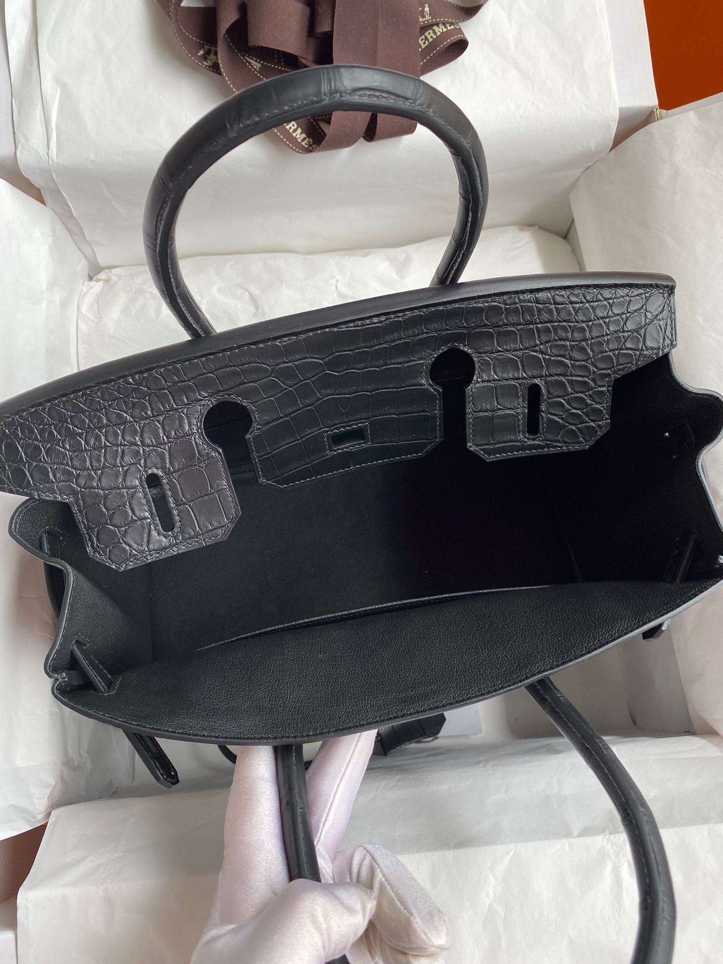 H**mes birkin 30 handmade bag in black crocodile niloticus matte skin