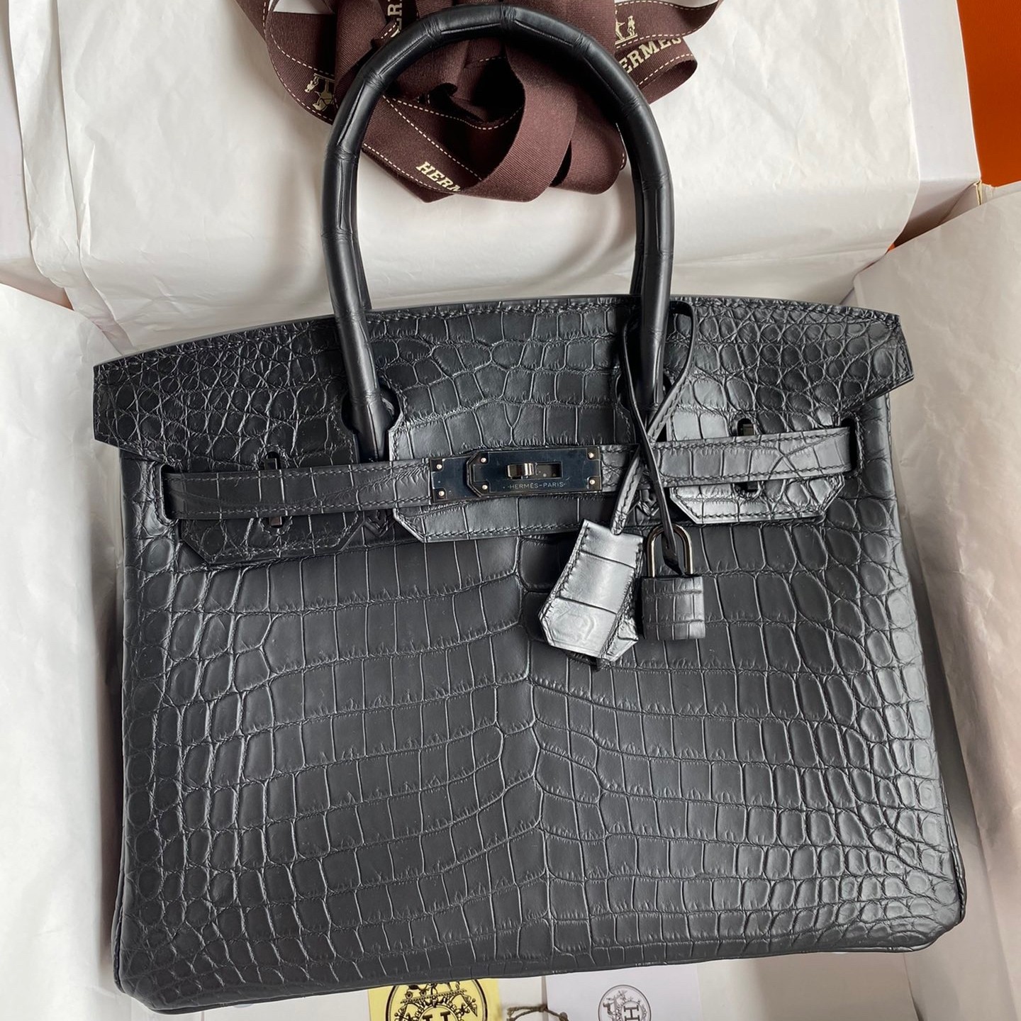 H**mes birkin 30 handmade bag in black crocodile niloticus matte skin