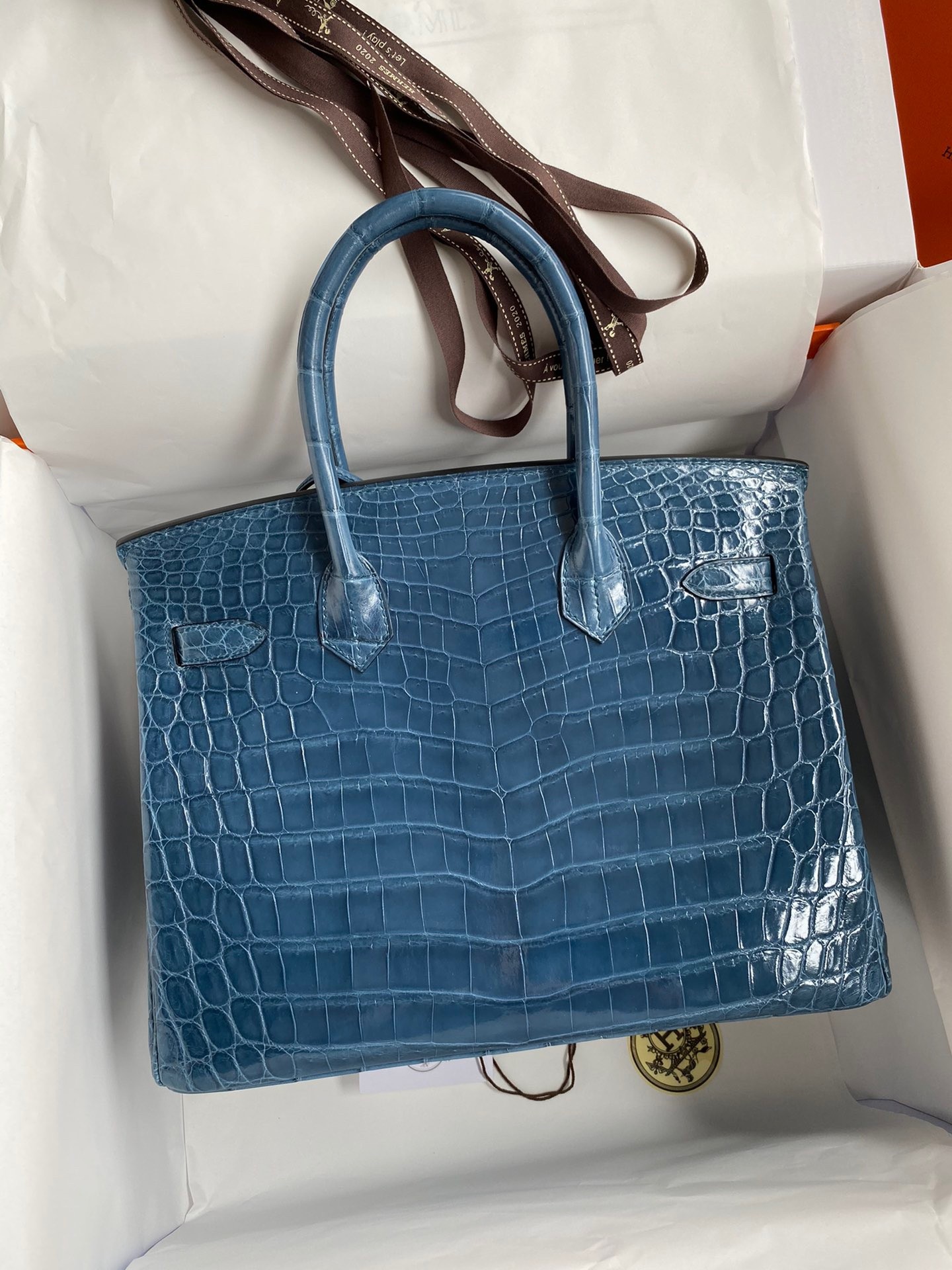 H**mes birkin 30 handmade bag in blue tempete crocodile niloticus shiny skin