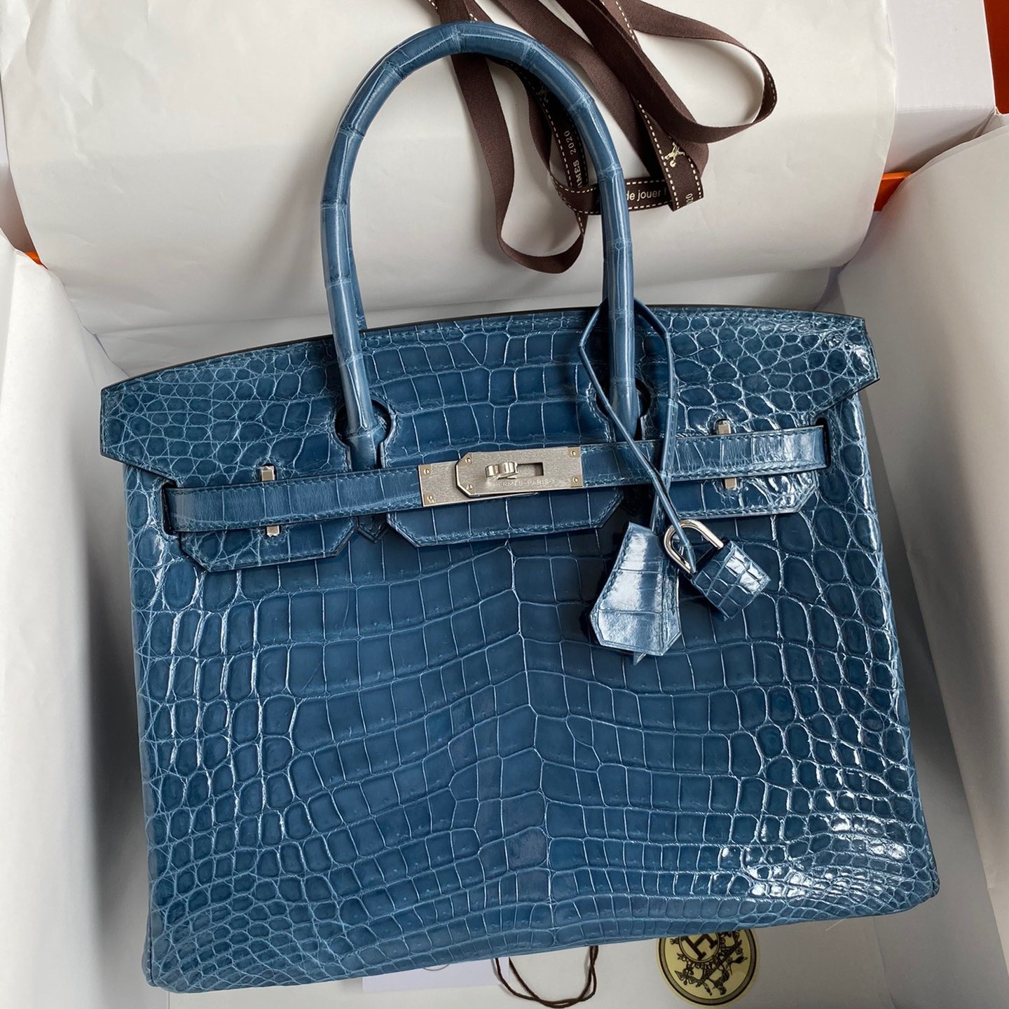 H**mes birkin 30 handmade bag in blue tempete crocodile niloticus shiny skin