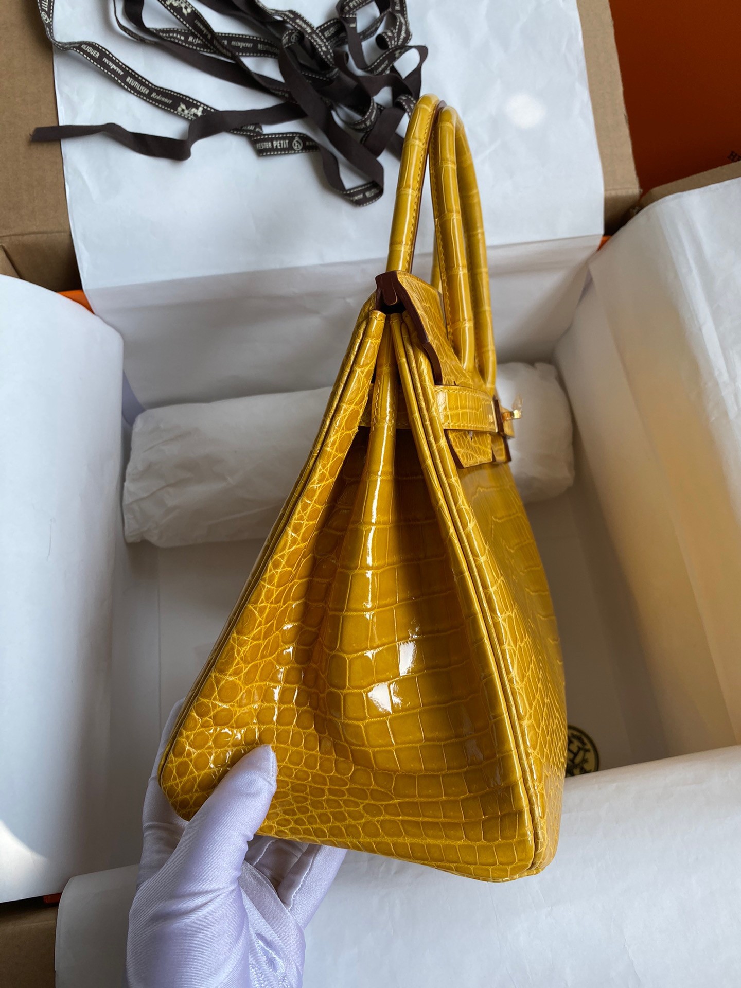 H**mes birkin 30 handmade bag in jaune ambre crocodile niloticus shiny skin