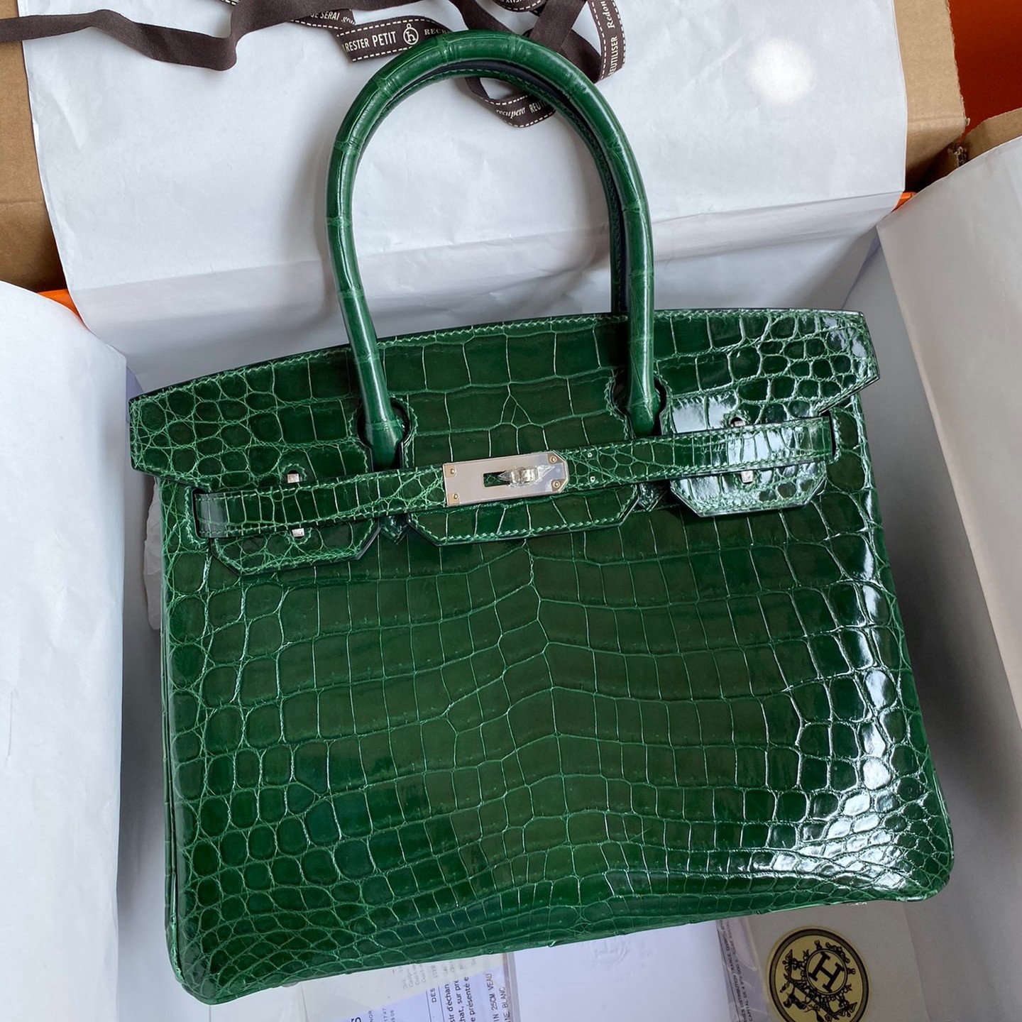 H**mes birkin 30 handmade bag in malachite crocodile niloticus shiny skin