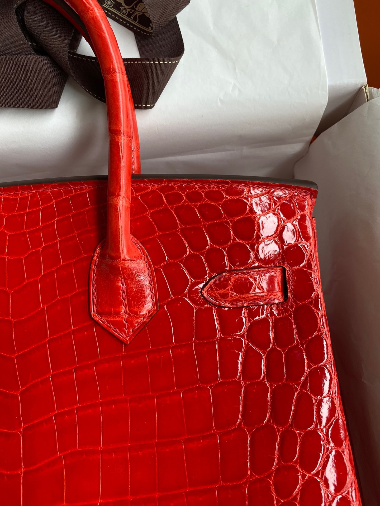 H**mes birkin 30 handmade bag in red crocodile niloticus shiny skin