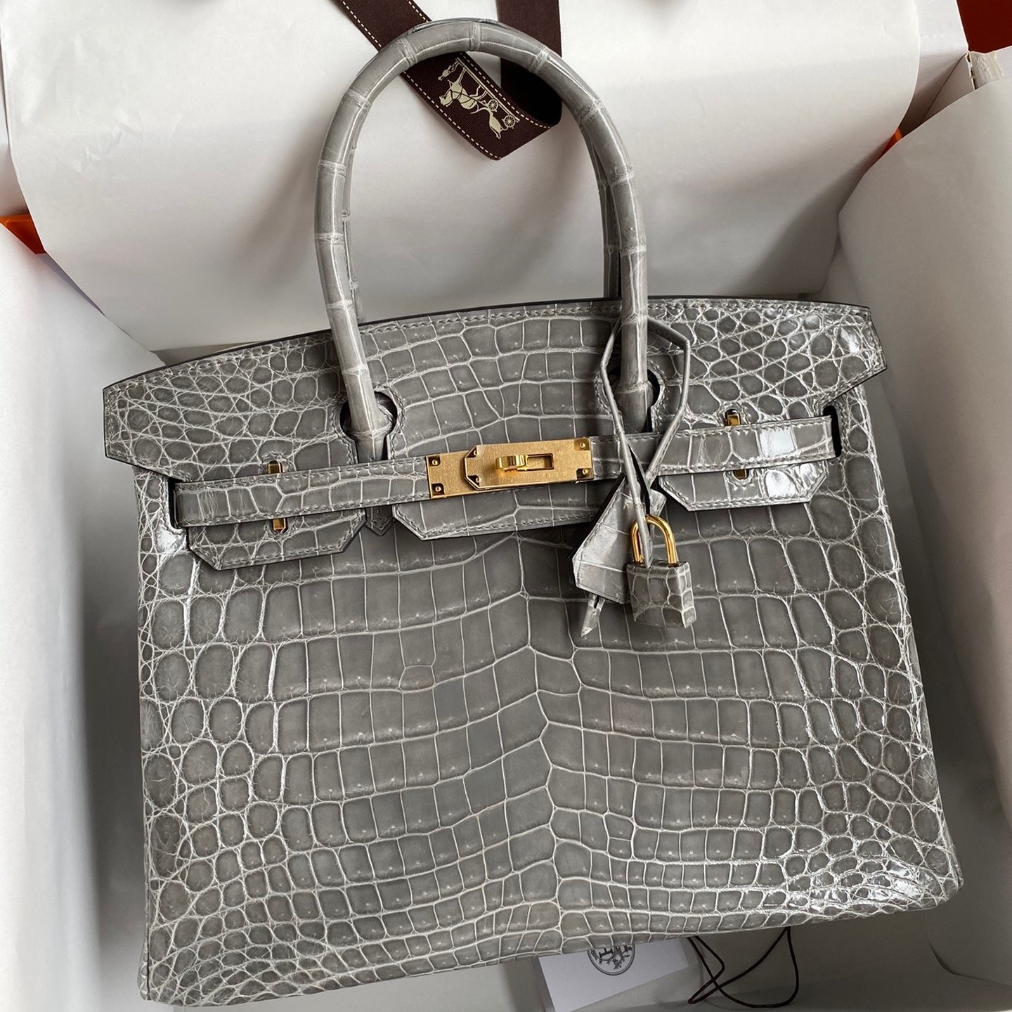 H**mes birkin 30 handmade bag in gris ciment crocodile niloticus shiny skin