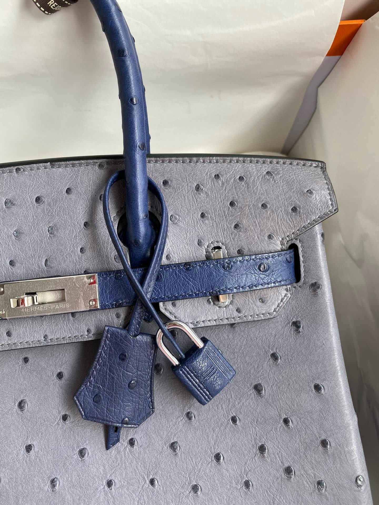 H**mes hss birkin 30 bicolor bag in gris agate and blue iris ostrich leather