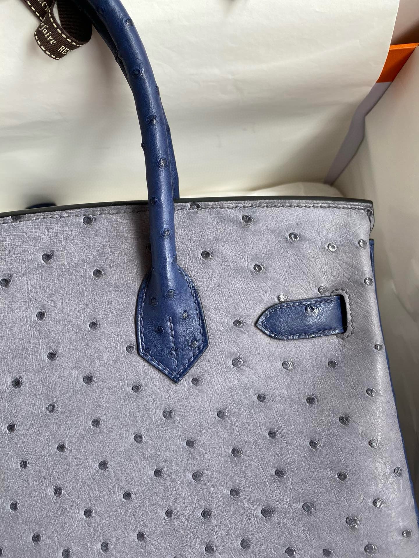 H**mes hss birkin 30 bicolor bag in gris agate and blue iris ostrich leather