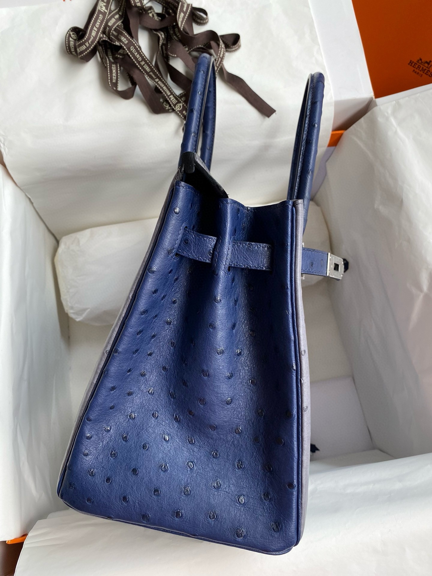 H**mes hss birkin 30 bicolor bag in gris agate and blue iris ostrich leather