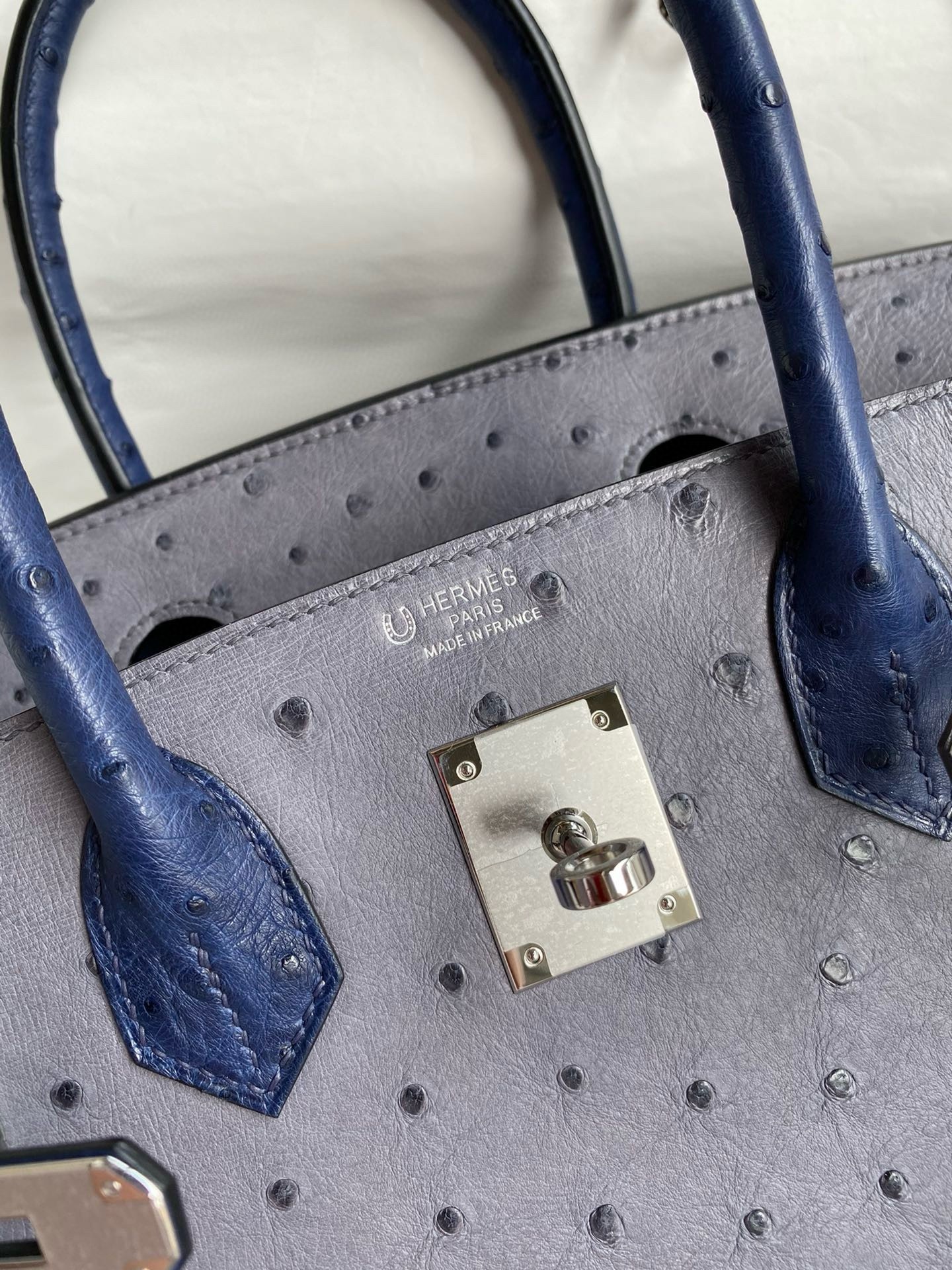 H**mes hss birkin 30 bicolor bag in gris agate and blue iris ostrich leather