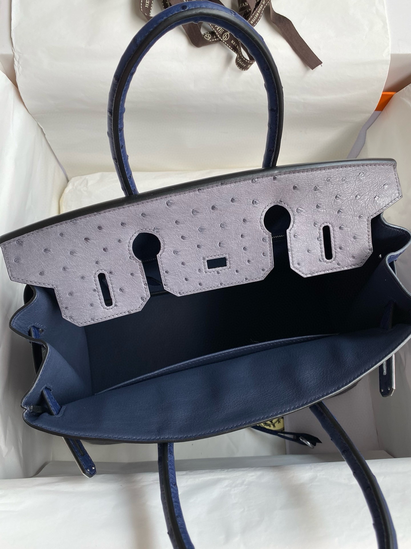 H**mes hss birkin 30 bicolor bag in gris agate and blue iris ostrich leather