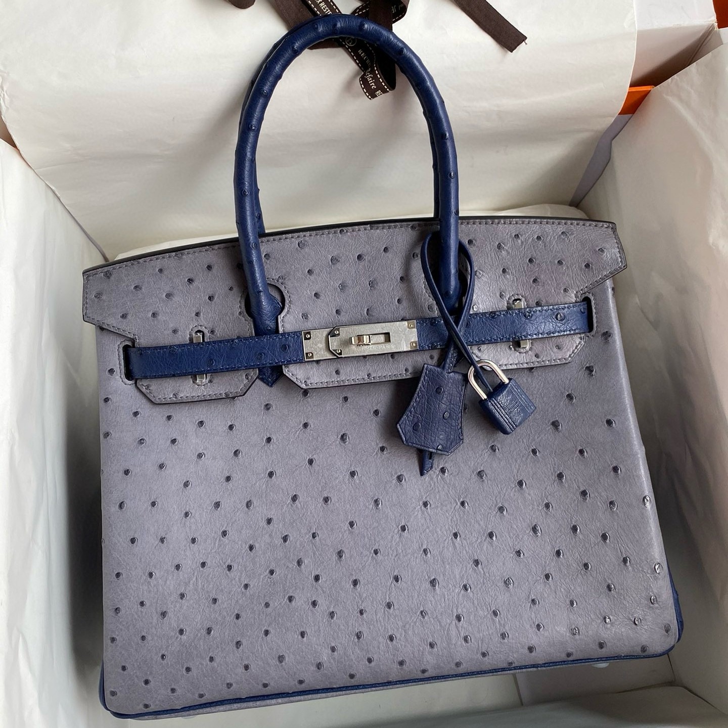 H**mes hss birkin 30 bicolor bag in gris agate and blue iris ostrich leather