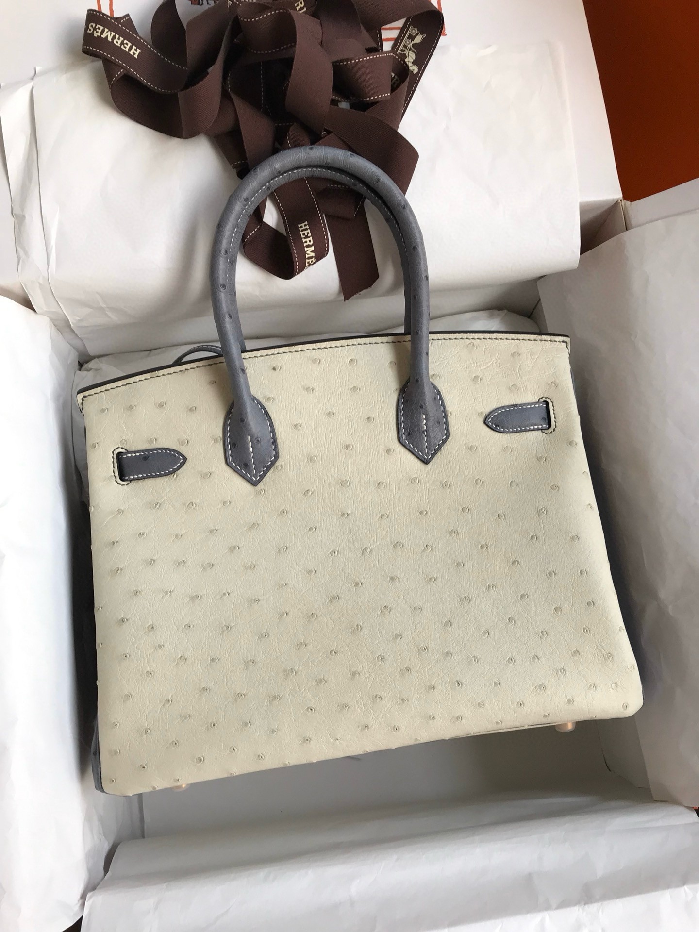 H**mes hss birkin 30 bicolor bag in beton and gris agate ostrich leather
