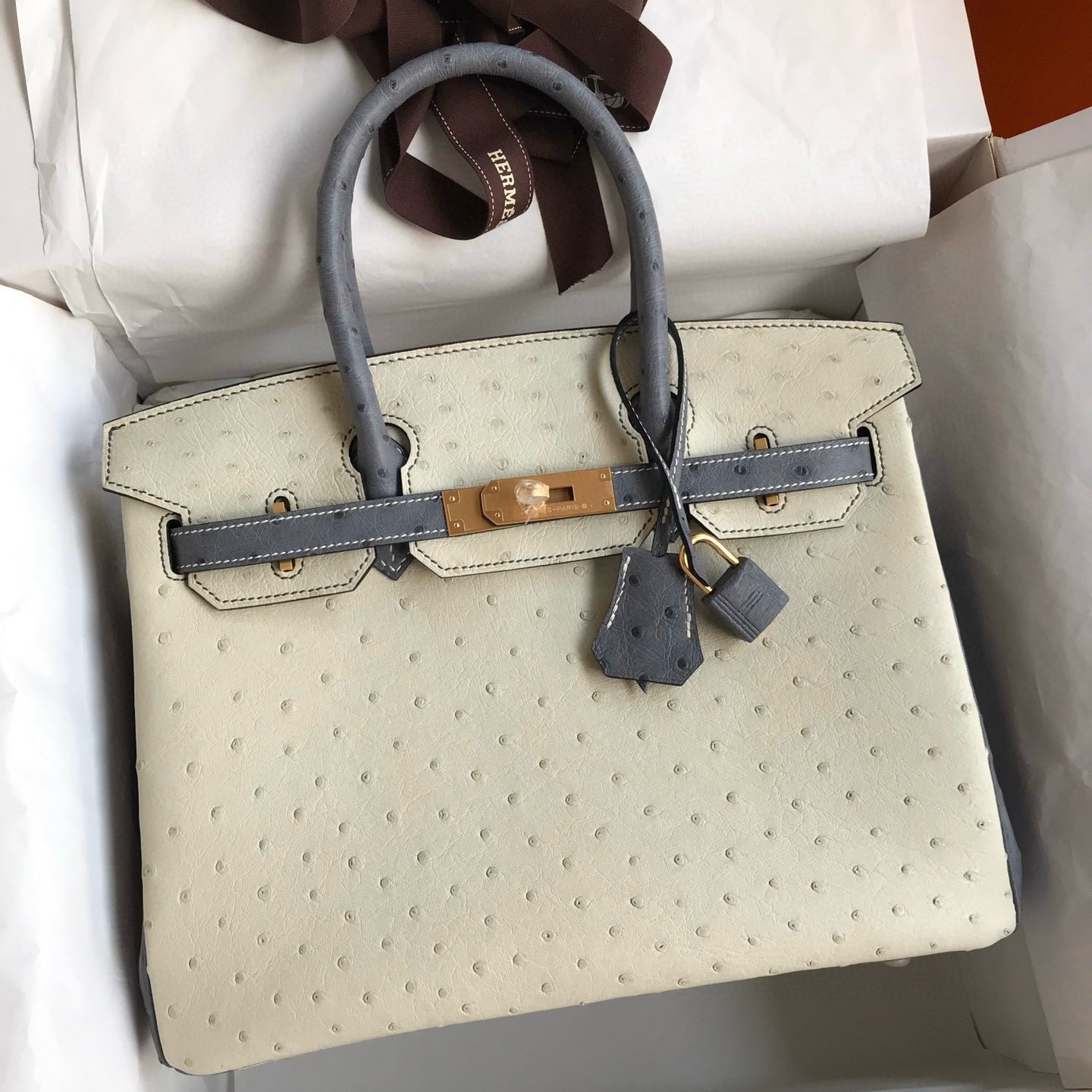 H**mes hss birkin 30 bicolor bag in beton and gris agate ostrich leather