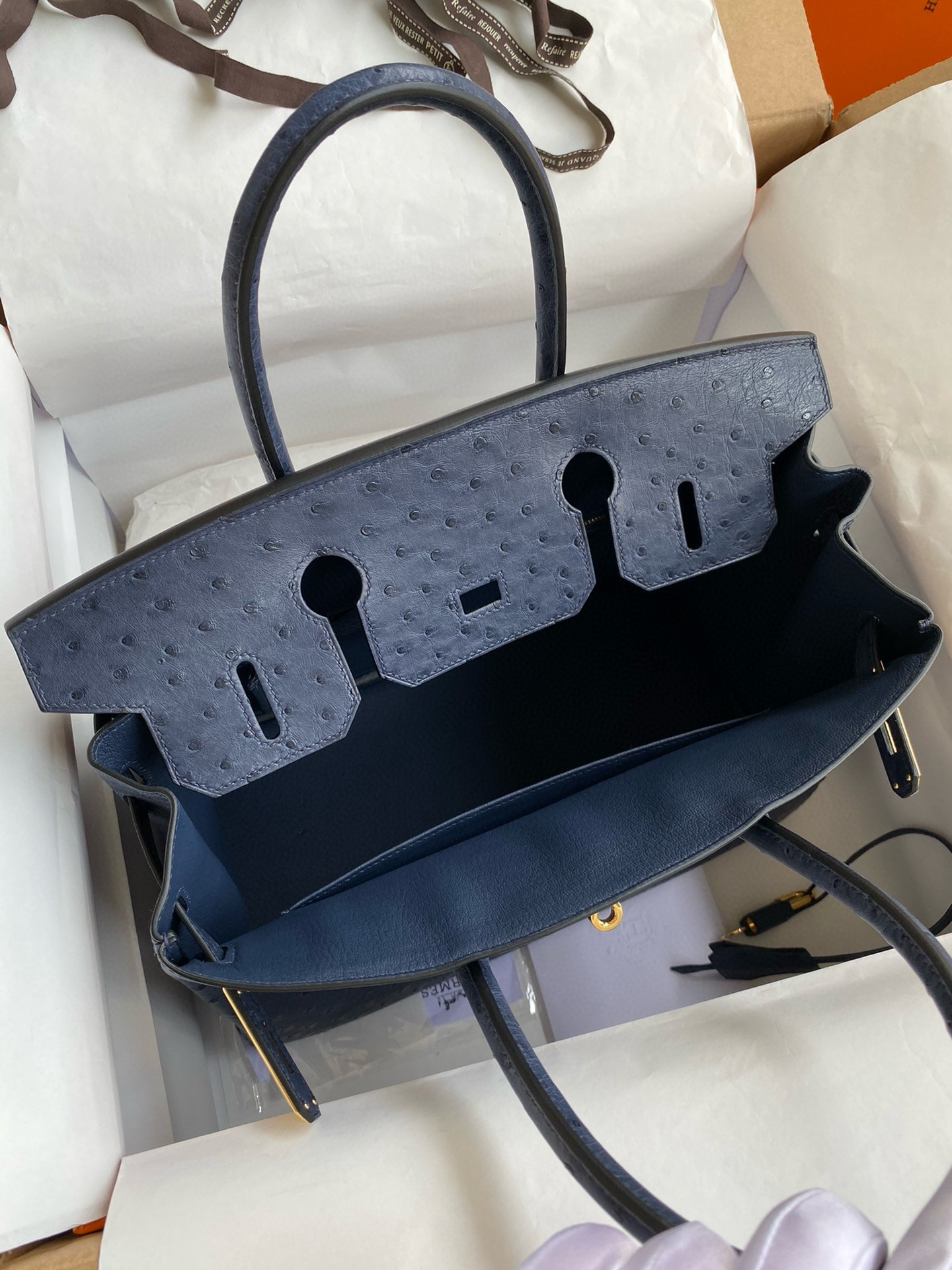 H**mes birkin 30 retourne handmade bag in blue de malte ostrich leather