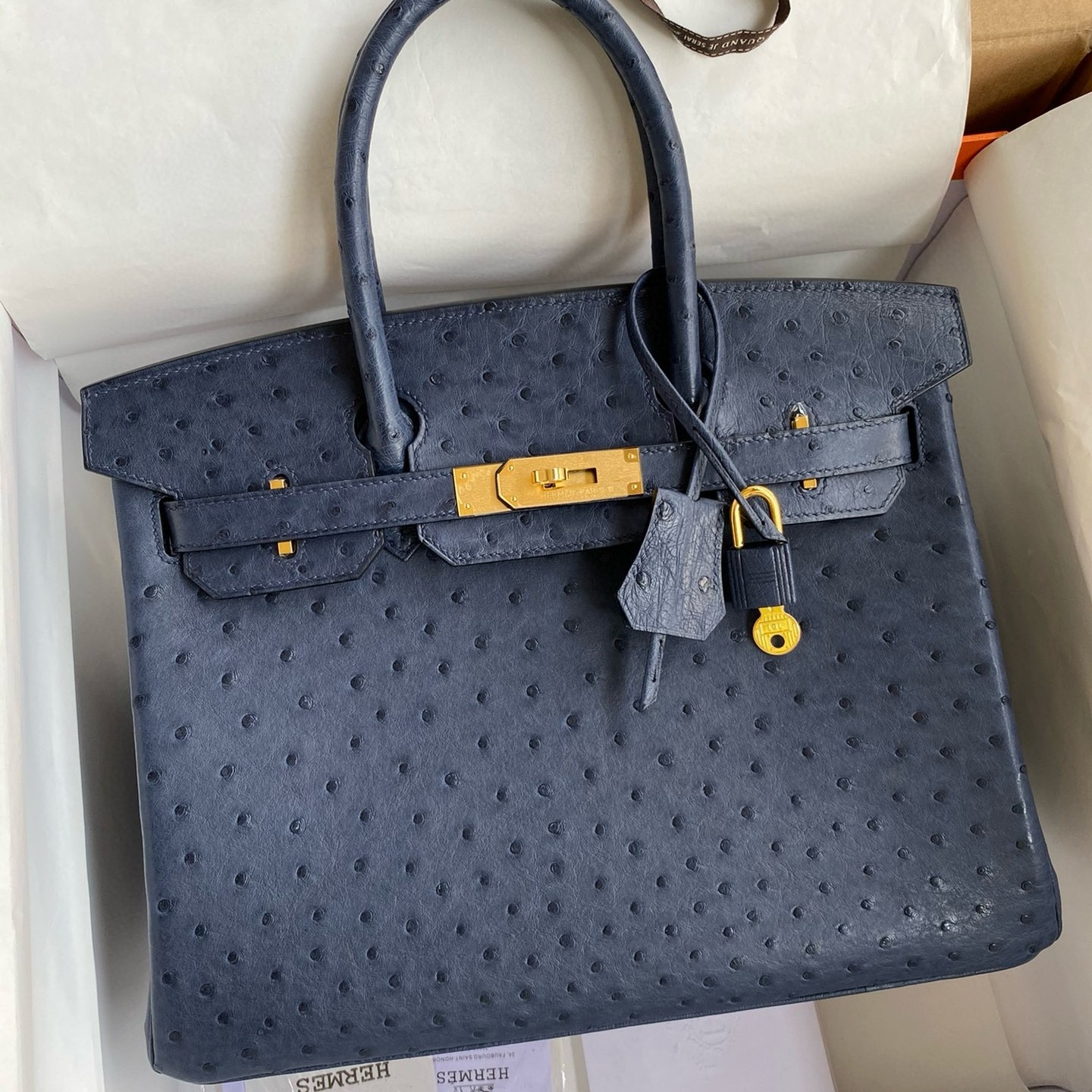 H**mes birkin 30 retourne handmade bag in blue de malte ostrich leather