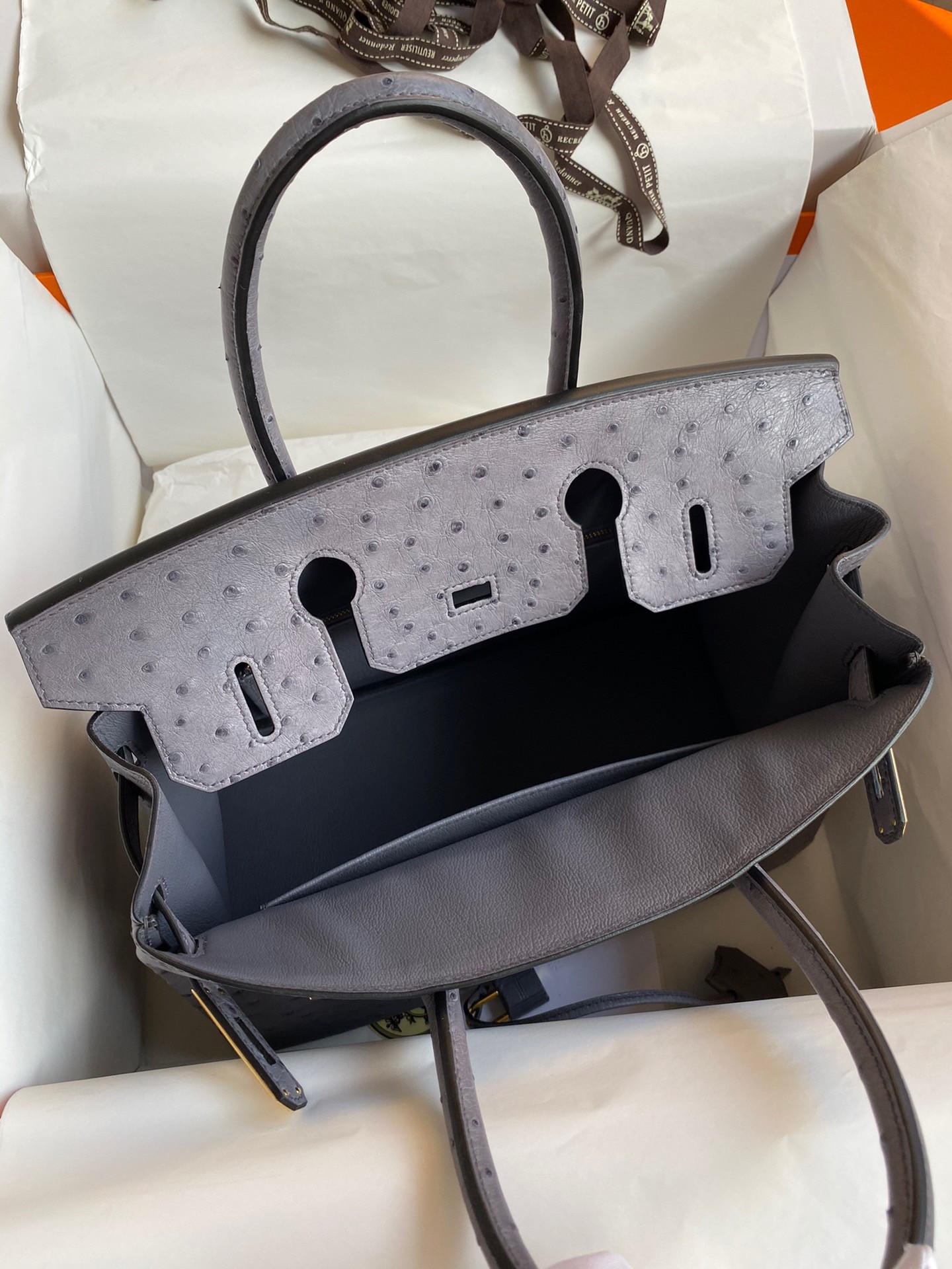 H**mes birkin 30 retourne handmade bag in gris agate ostrich leather