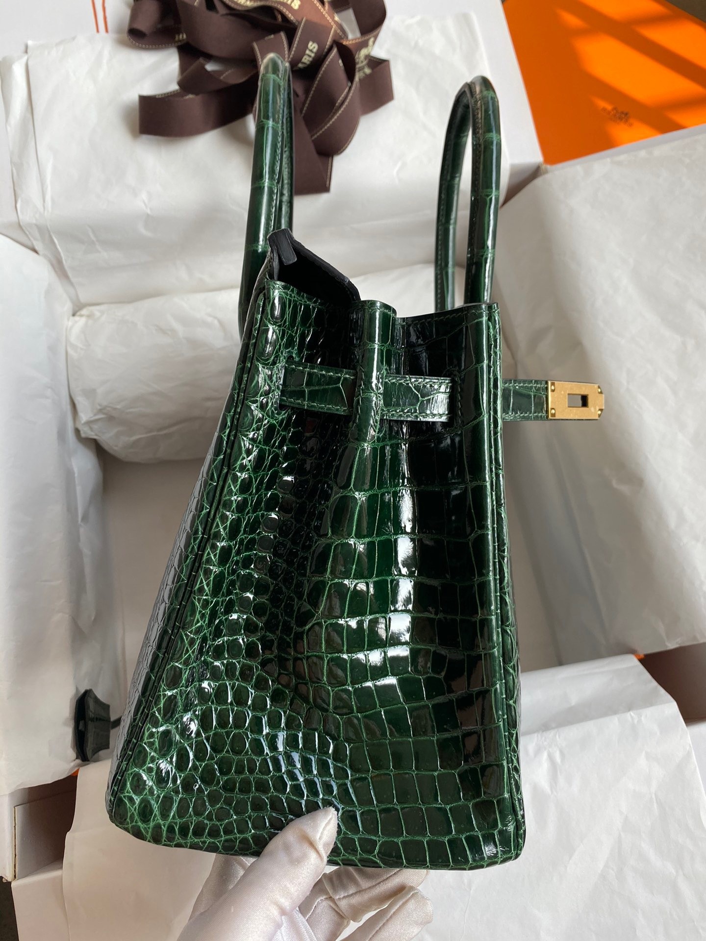 H**mes birkin 30 handmade bag in green crocodile porosus shiny skin