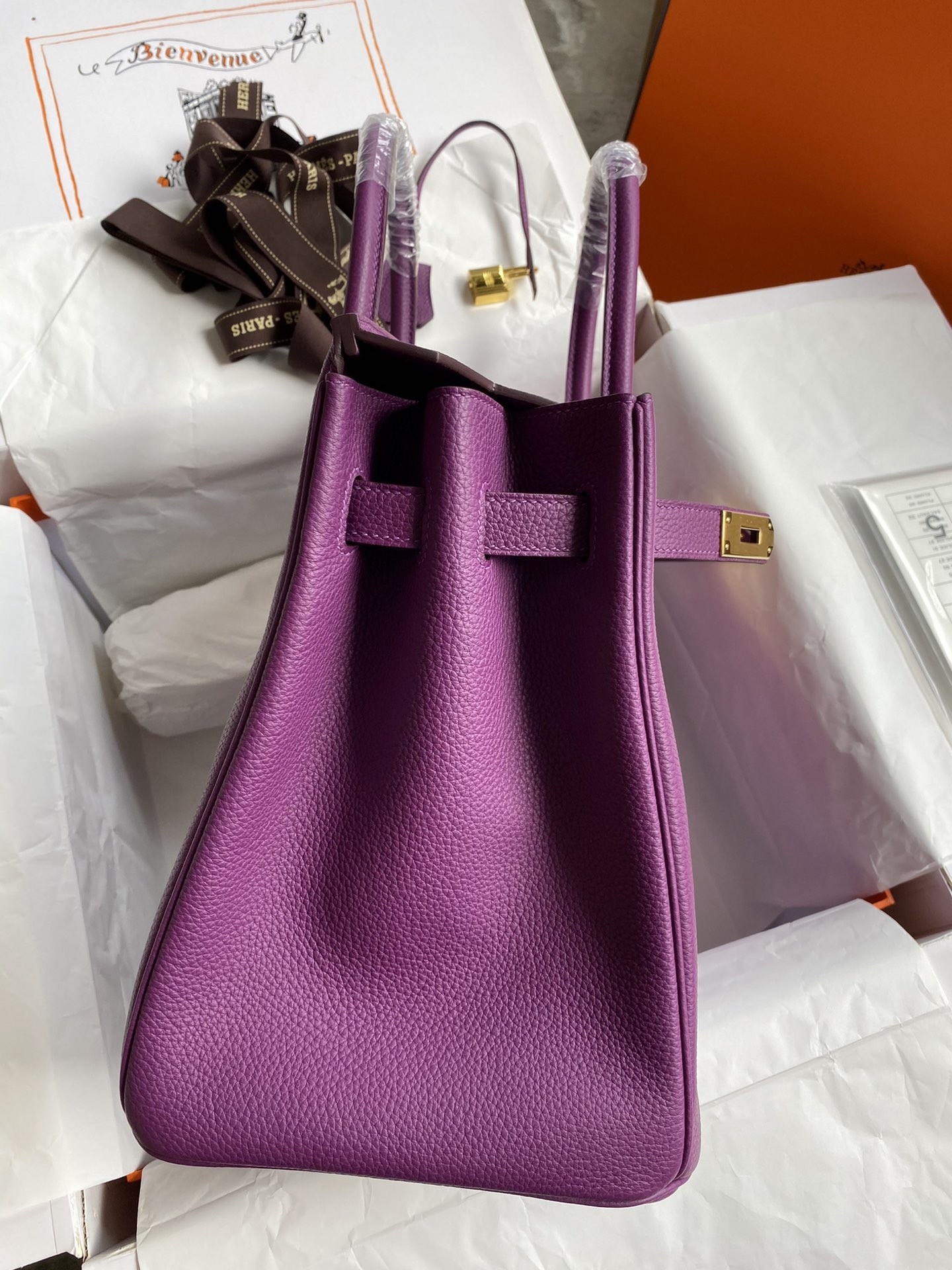 H**mes birkin 35 retourne handmade bag in anemone clemence leather