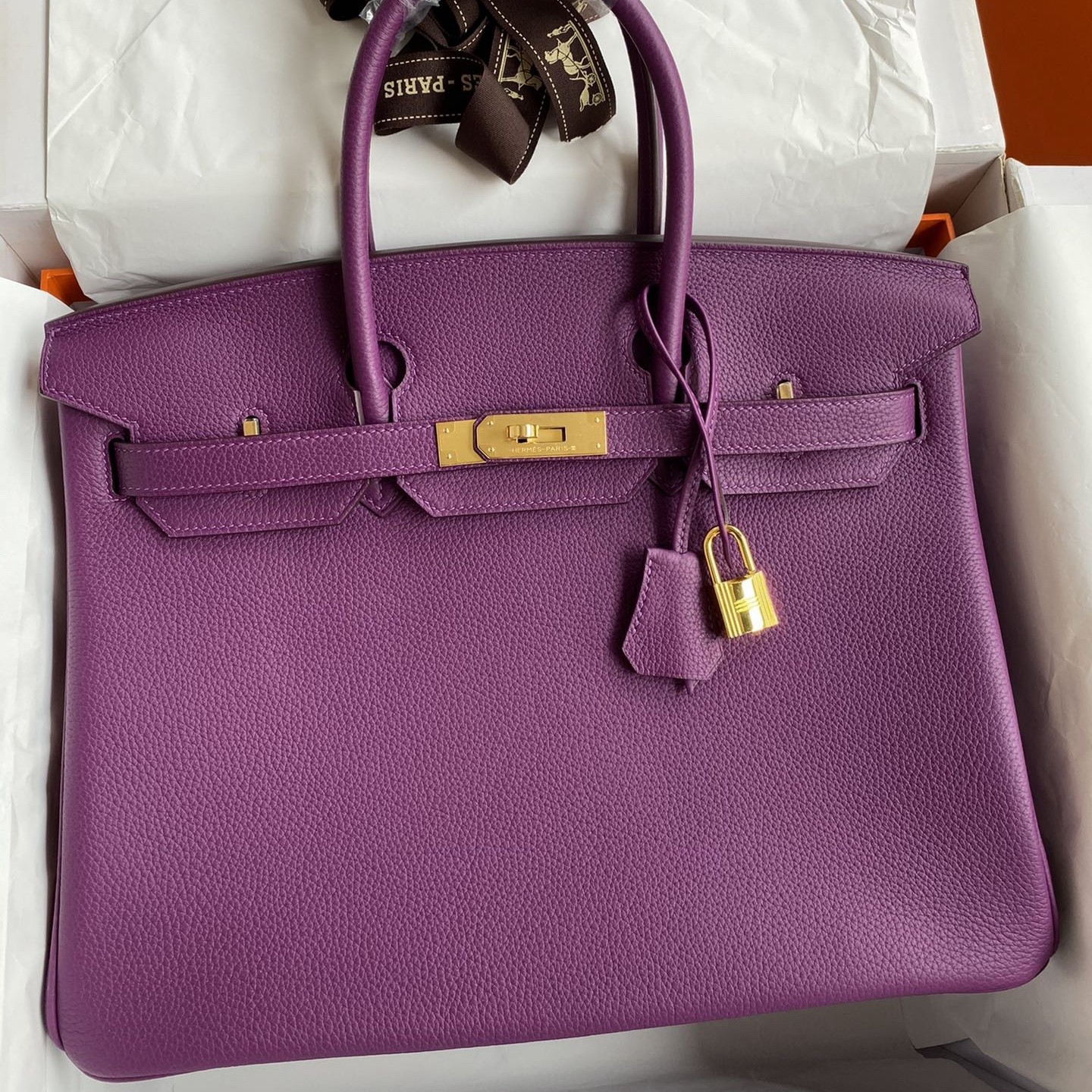 H**mes birkin 35 retourne handmade bag in anemone clemence leather