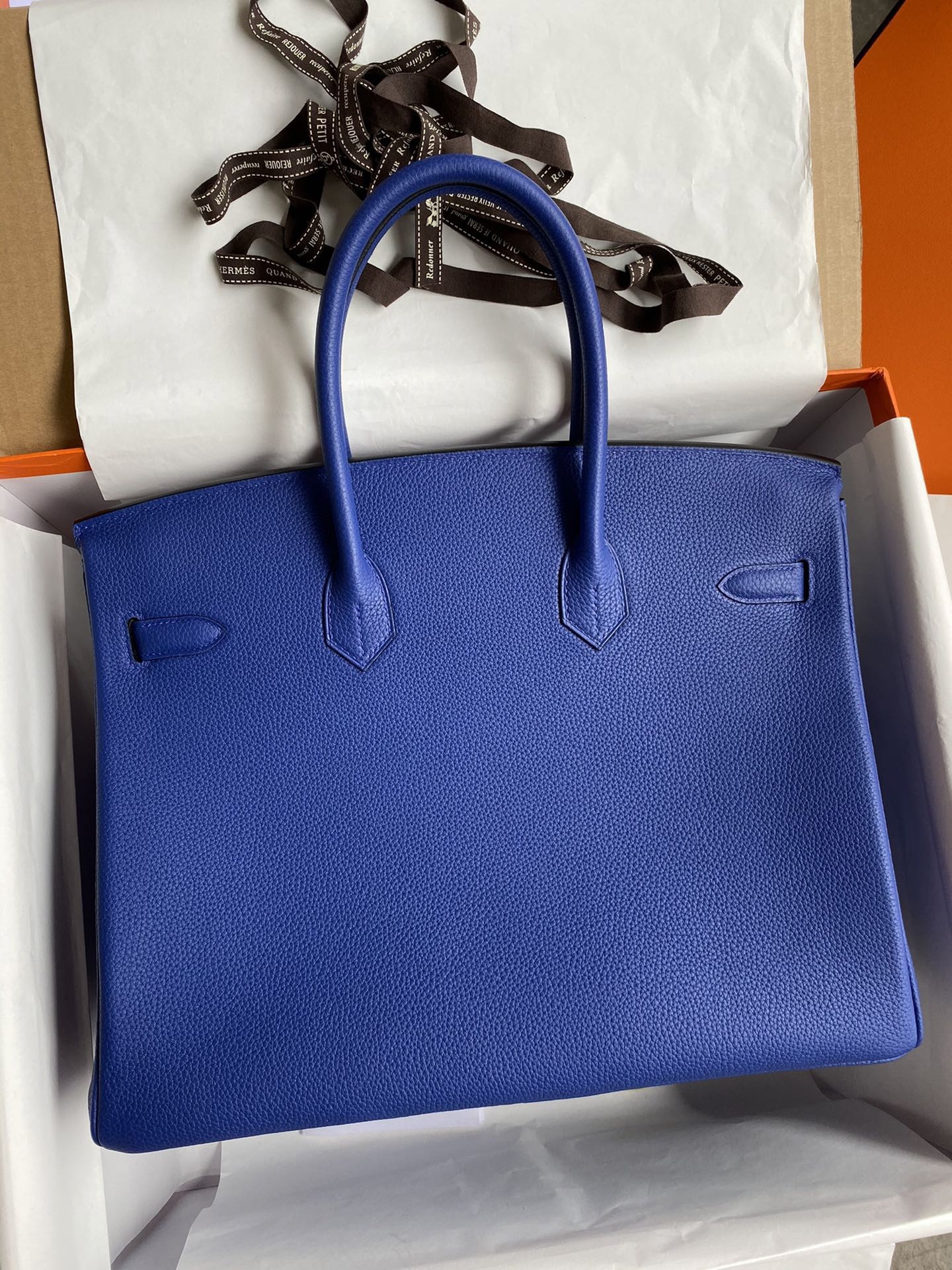 H**mes birkin 35 retourne handmade bag in blue electric clemence leather