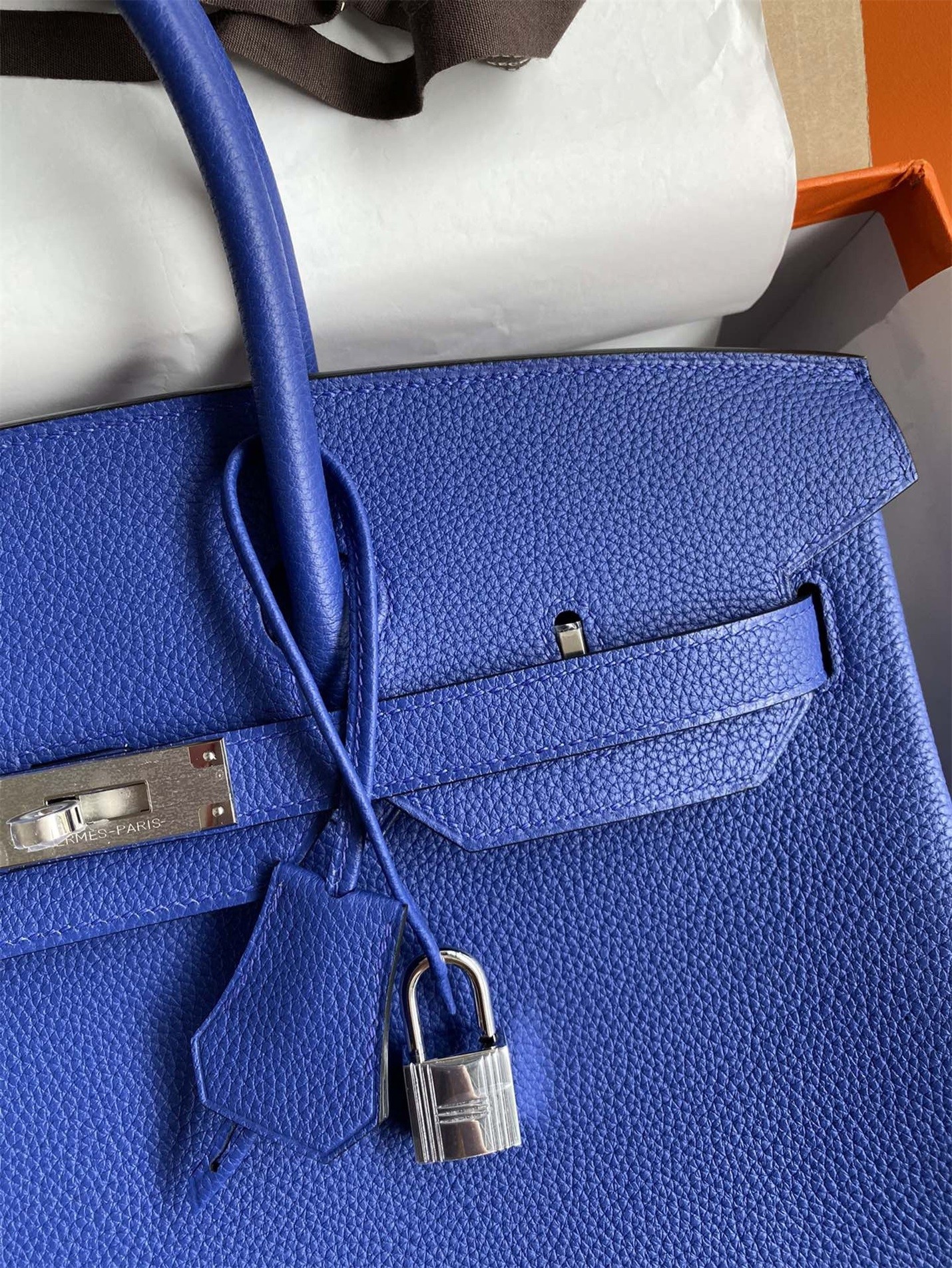 H**mes birkin 35 retourne handmade bag in blue electric clemence leather