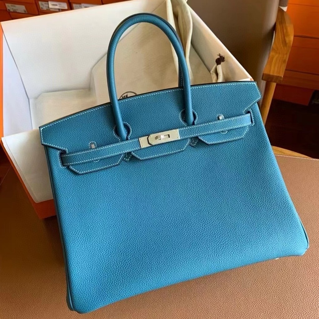 H**mes birkin 35 retourne handmade bag in blue jean clemence leather