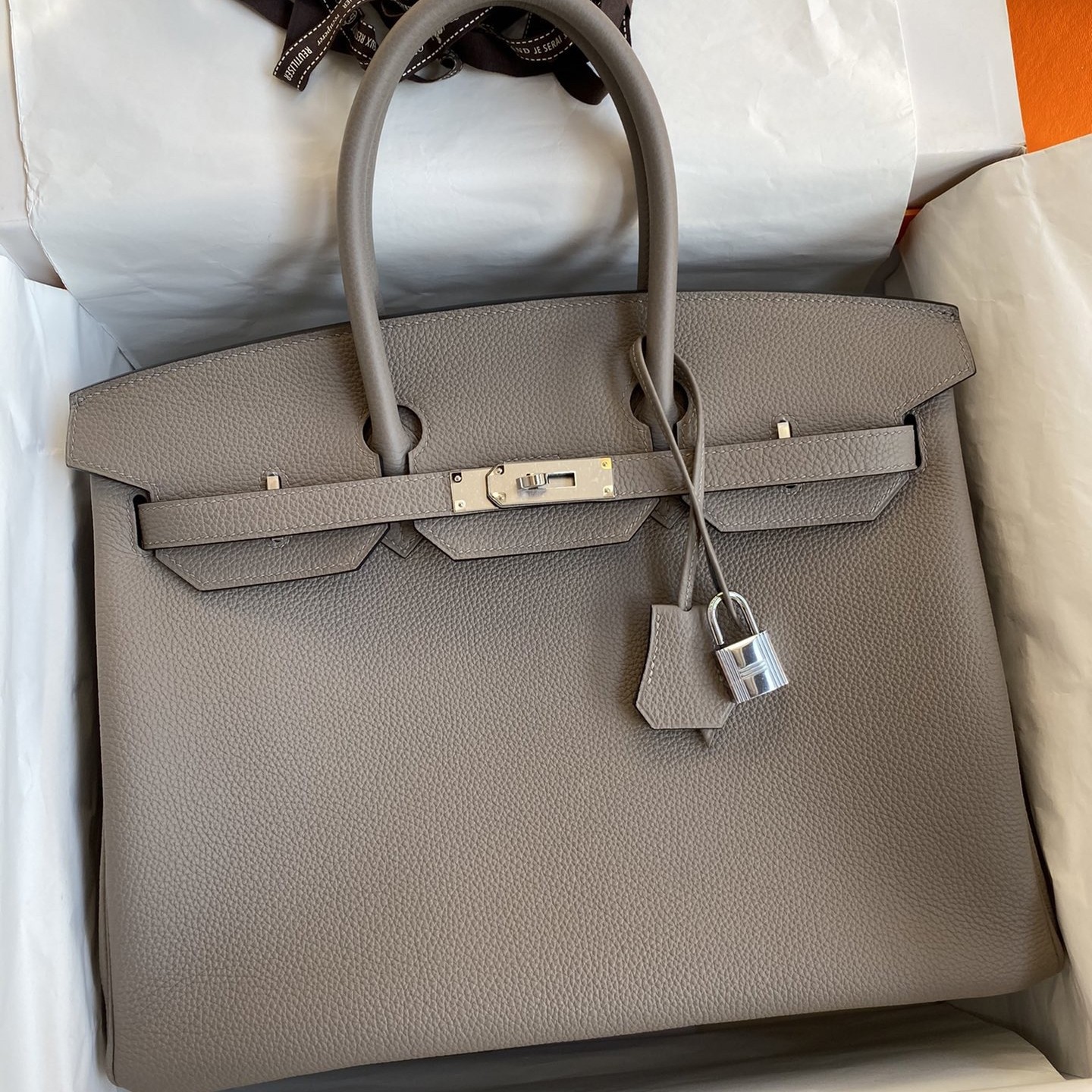 H**mes birkin 35 retourne handmade bag in gris asphalt clemence leather