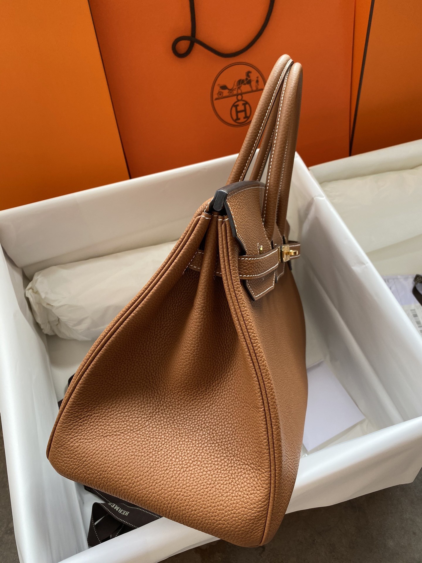 H**mes birkin 35 retourne handmade bag in gold clemence leather