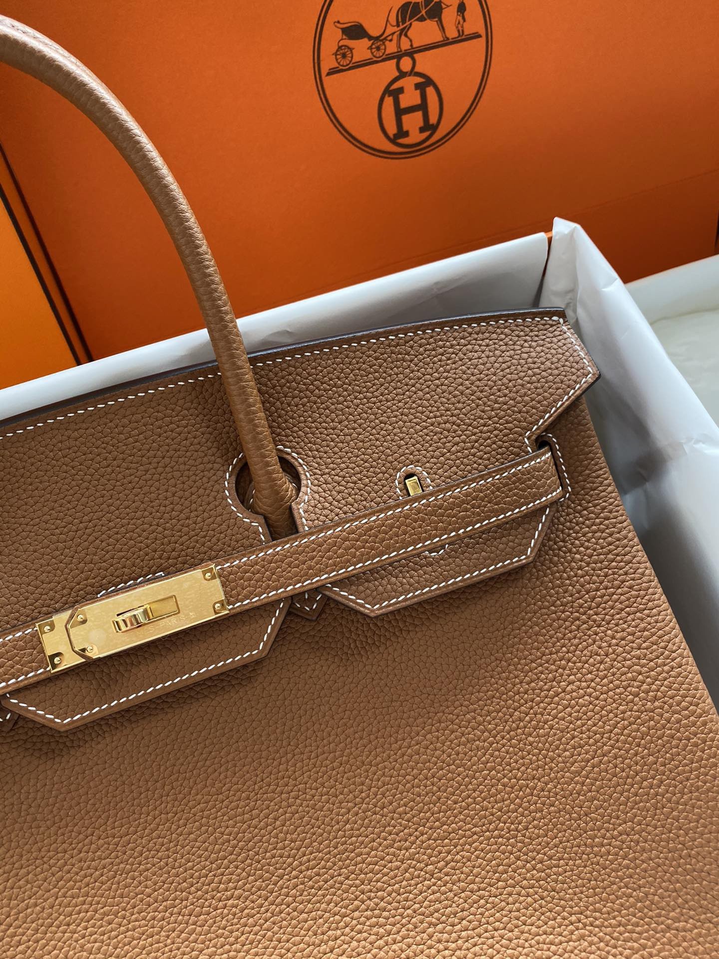 H**mes birkin 35 retourne handmade bag in gold clemence leather