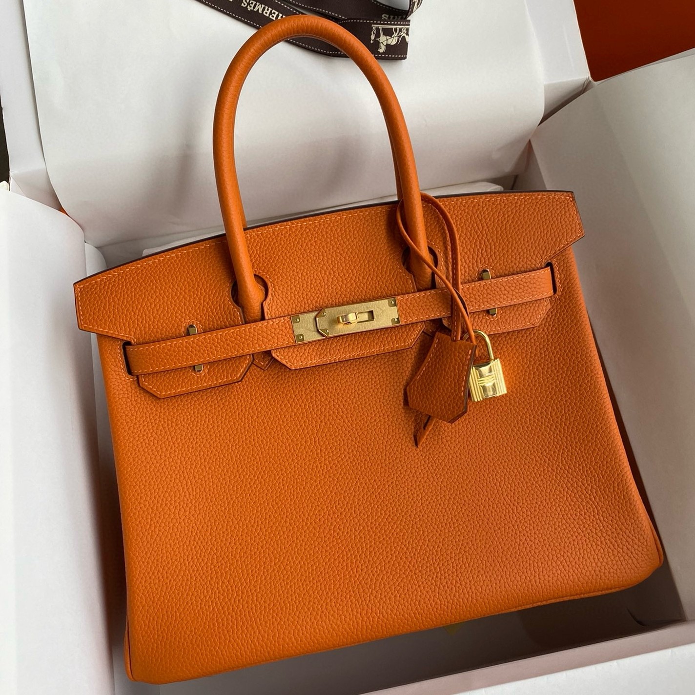 H**mes birkin 35 retourne handmade bag in orange clemence leather