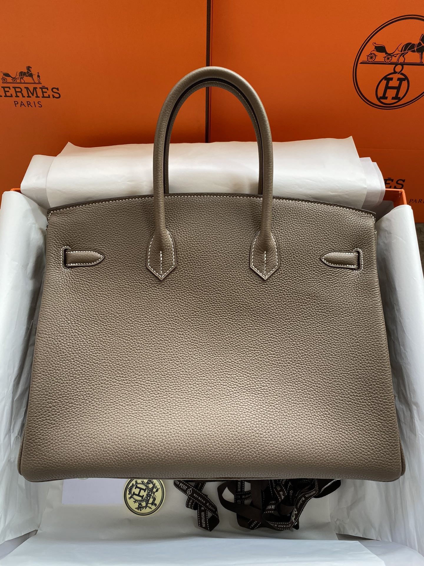 H**mes birkin 35 retourne handmade bag in taupe clemence leather