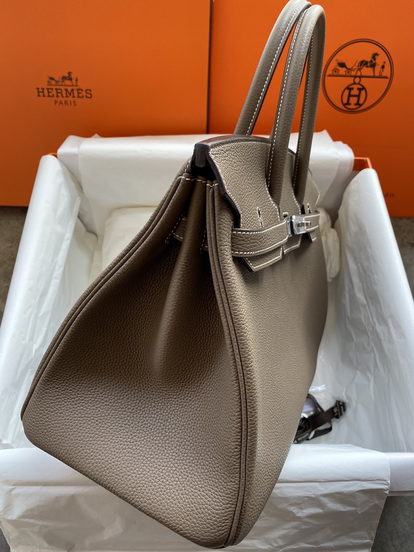 H**mes birkin 35 retourne handmade bag in taupe clemence leather