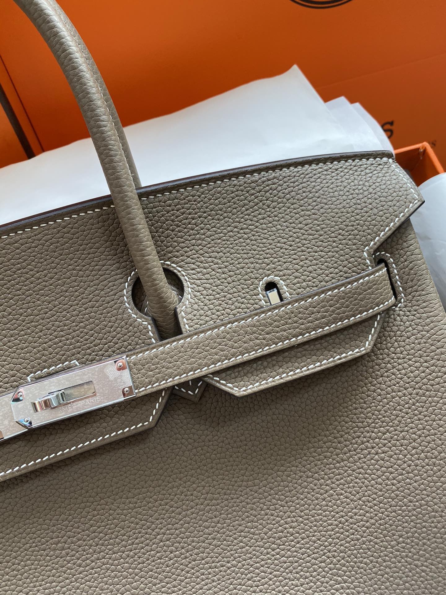 H**mes birkin 35 retourne handmade bag in taupe clemence leather