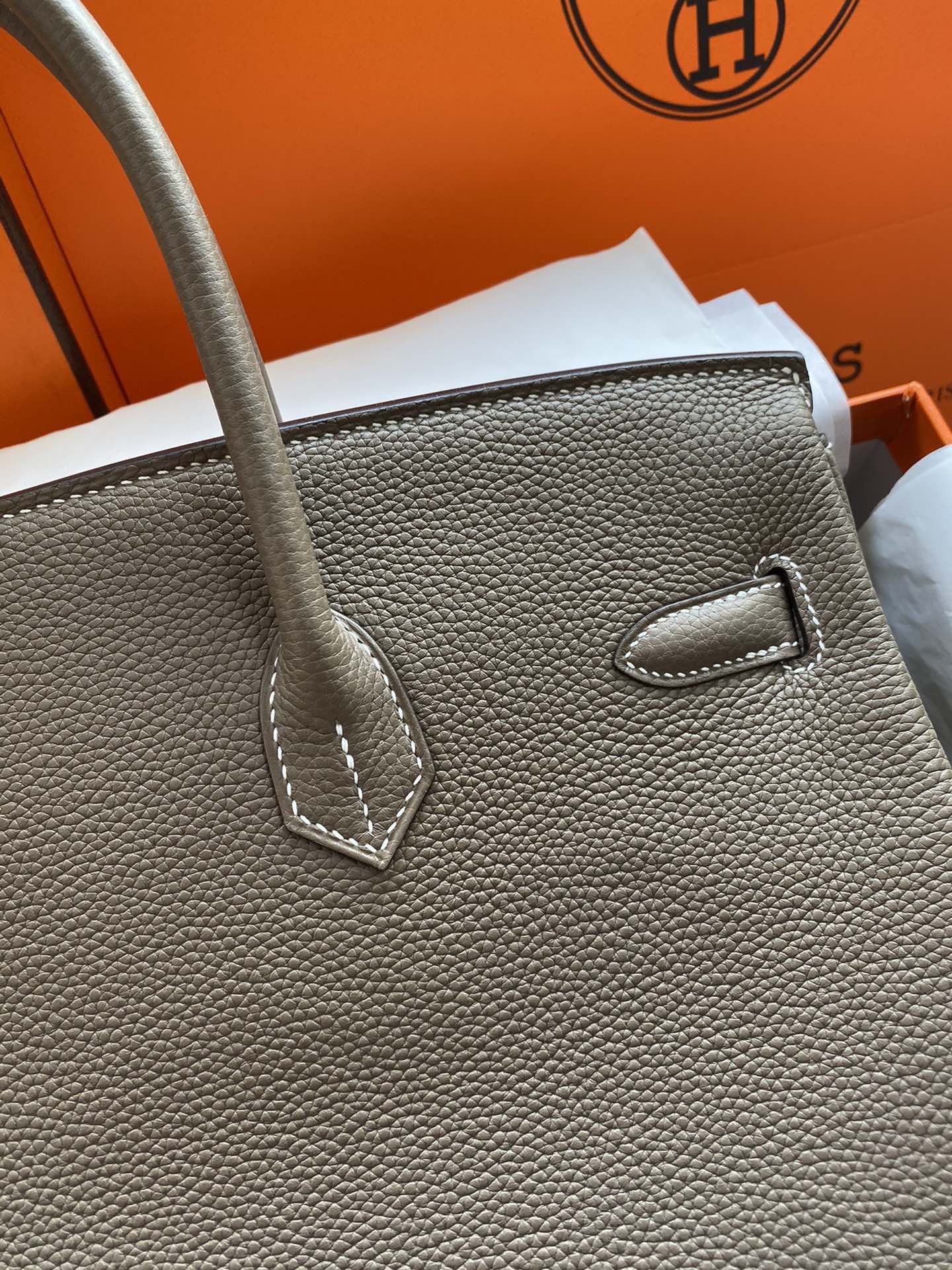 H**mes birkin 35 retourne handmade bag in taupe clemence leather