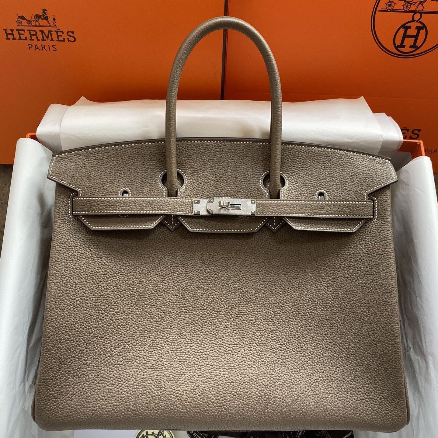 H**mes birkin 35 retourne handmade bag in taupe clemence leather