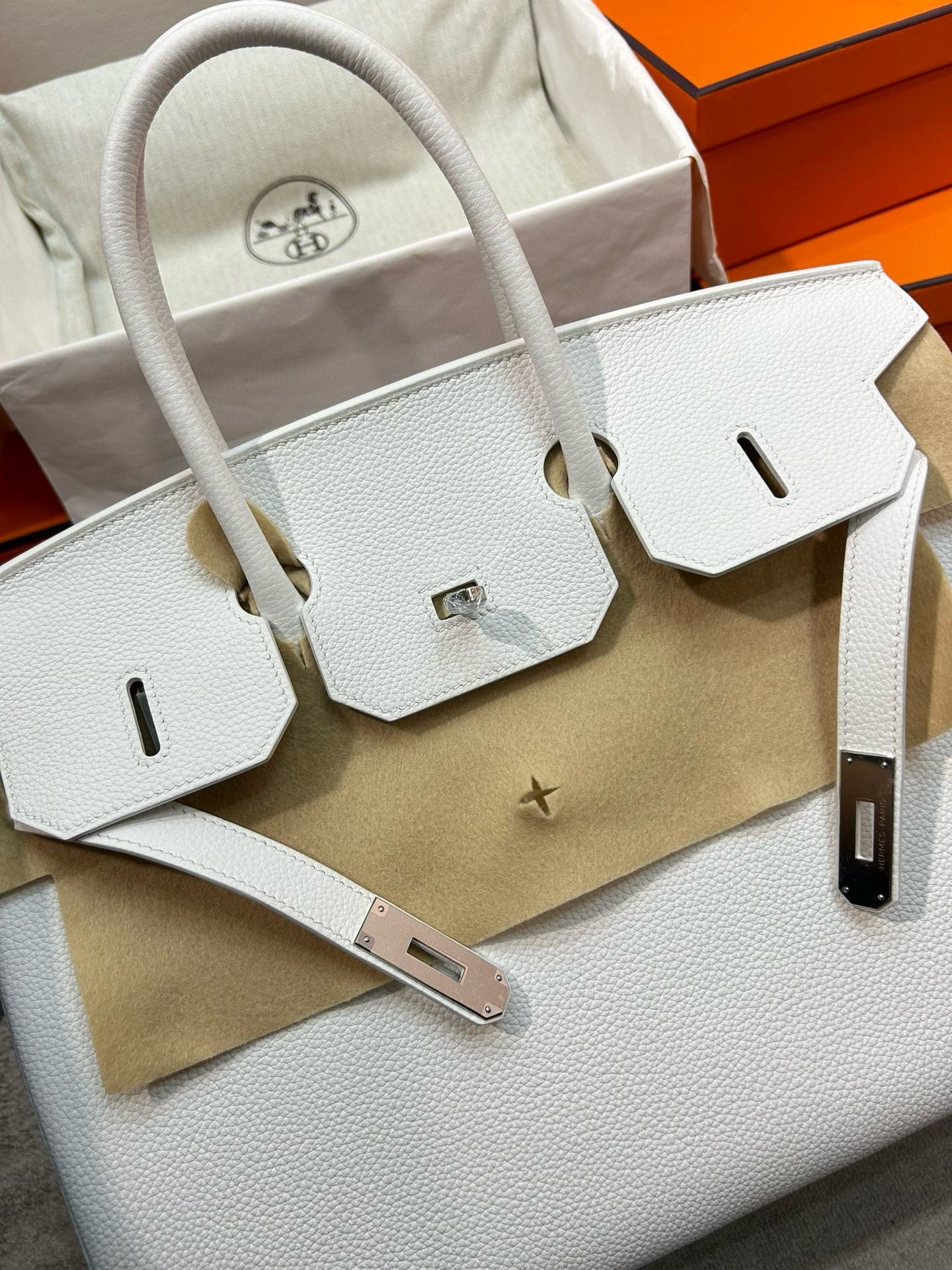 H**mes birkin 35 retourne handmade bag in white clemence leather