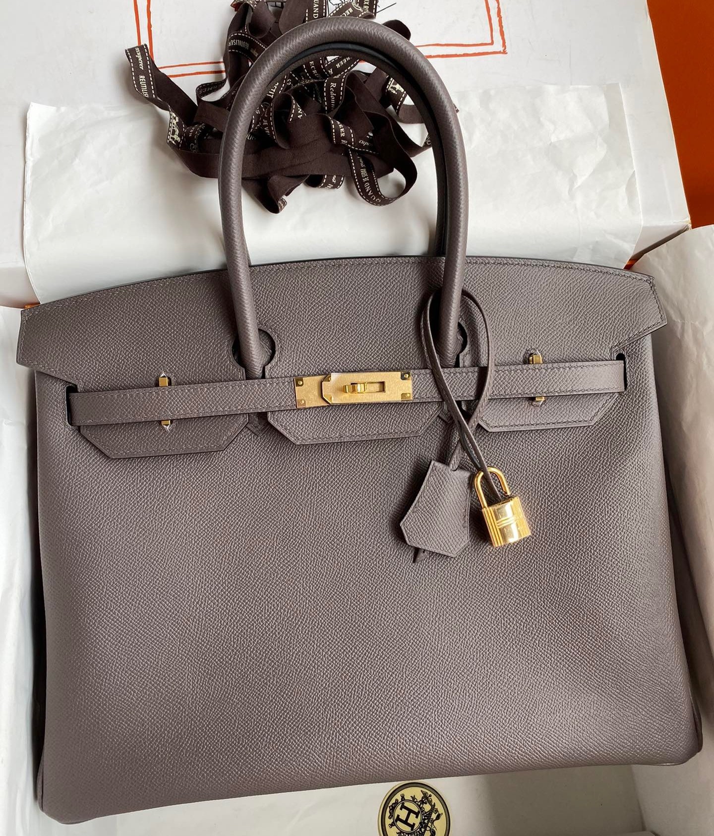 H**mes birkin 35 retourne handmade bag in etain epsom calfskin