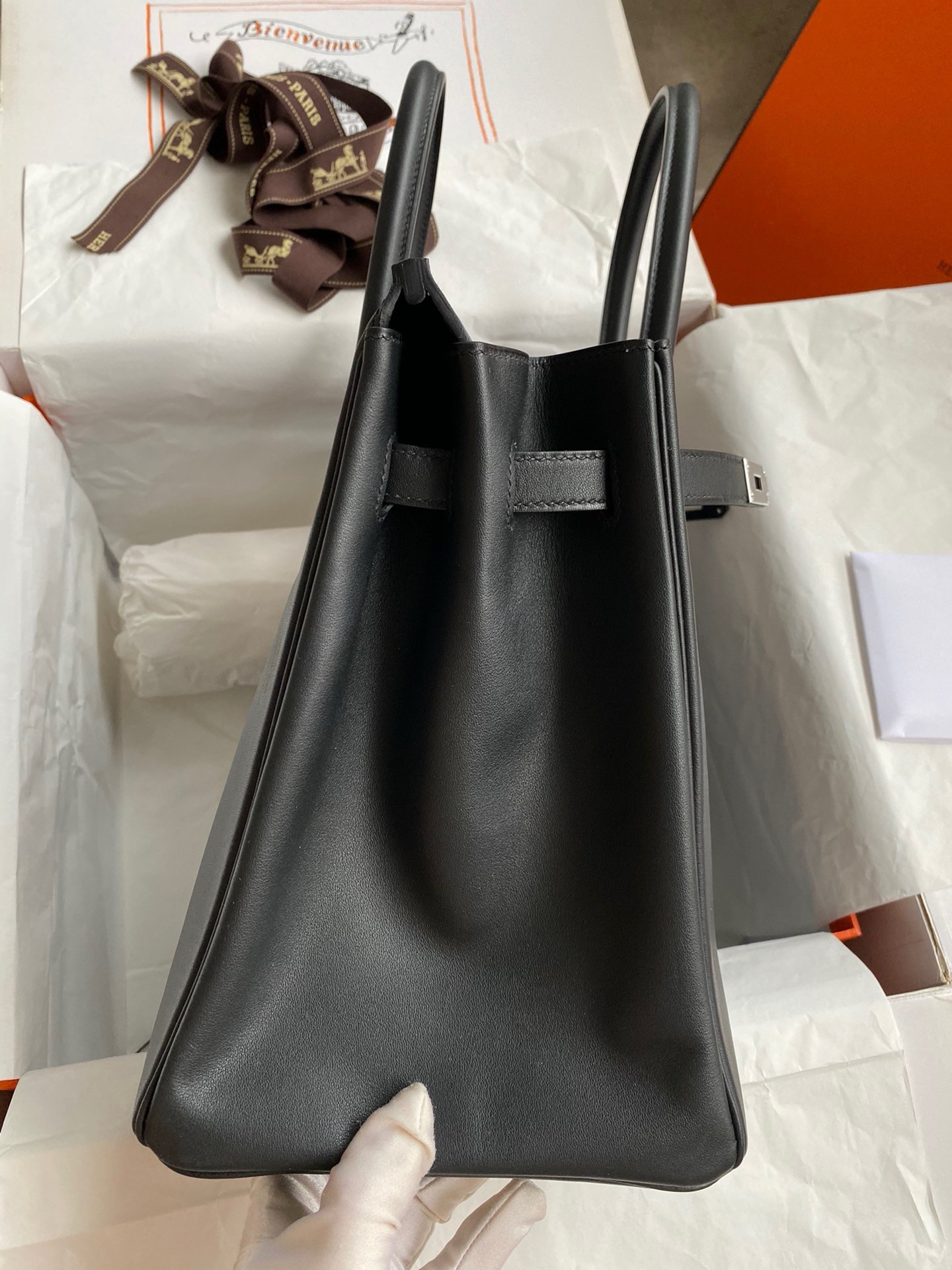 H**mes birkin 35 retourne handmade bag in black swift leather