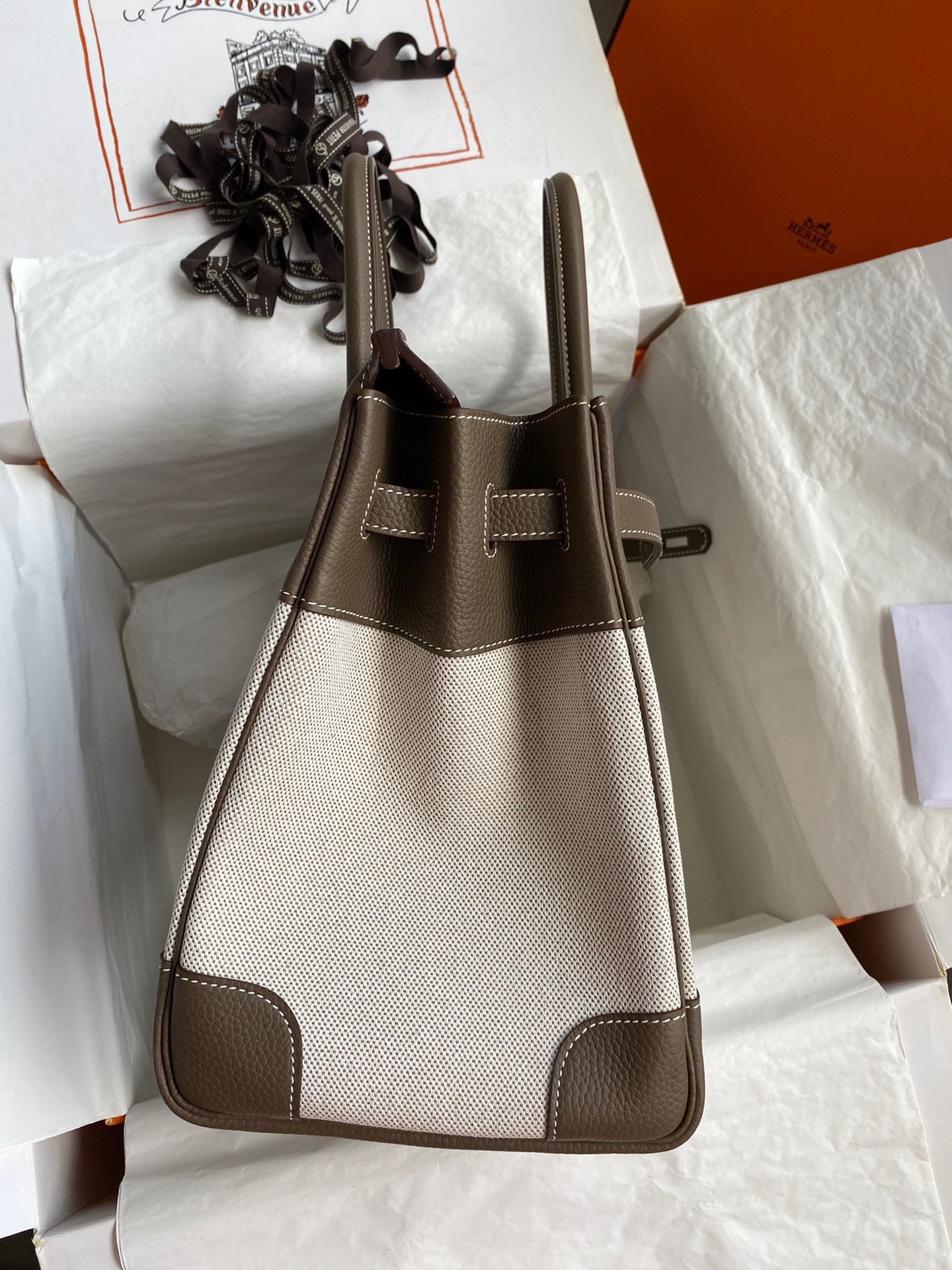 H**mes birkin 35 handmade bag in toile & taupe clemence leather