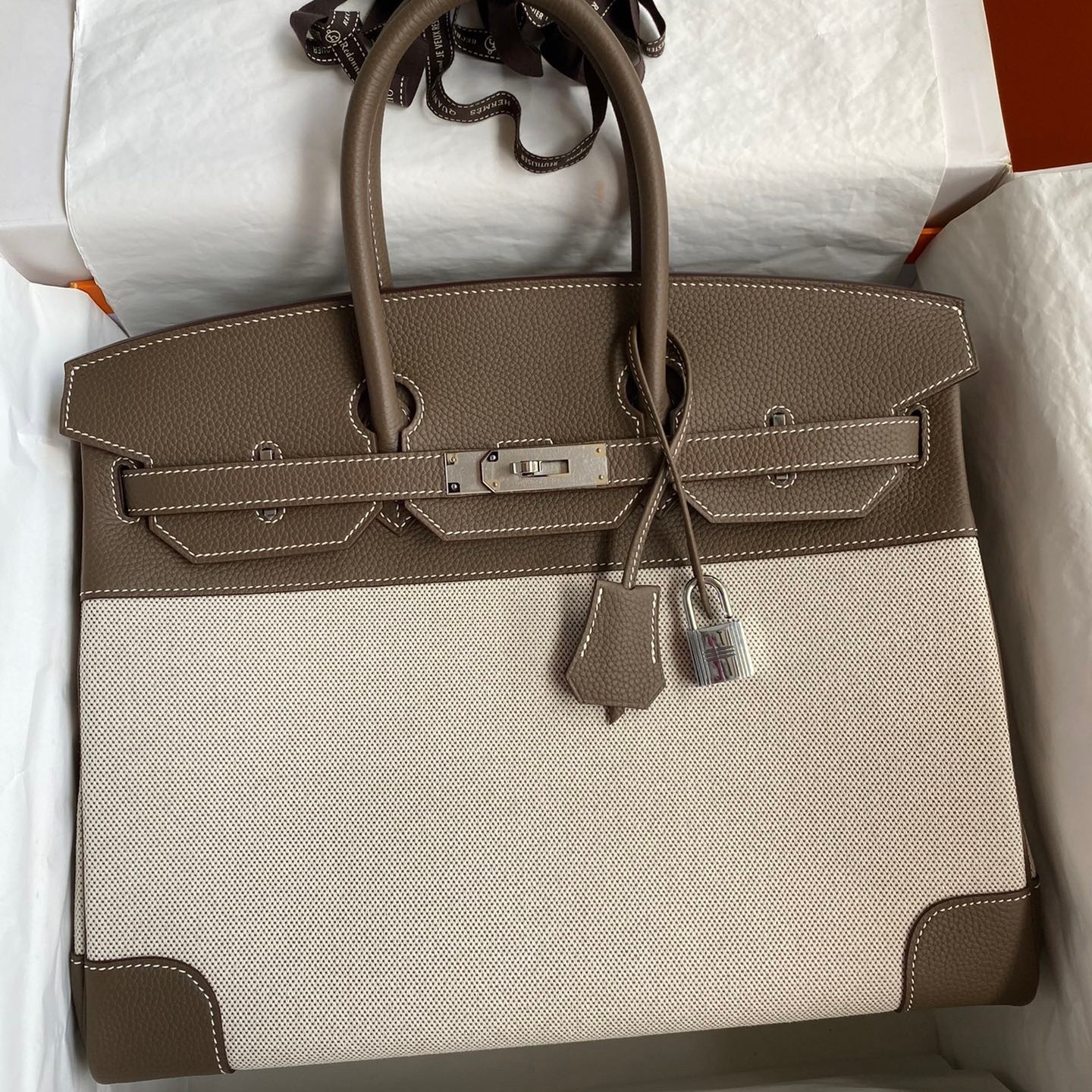 H**mes birkin 35 handmade bag in toile & taupe clemence leather