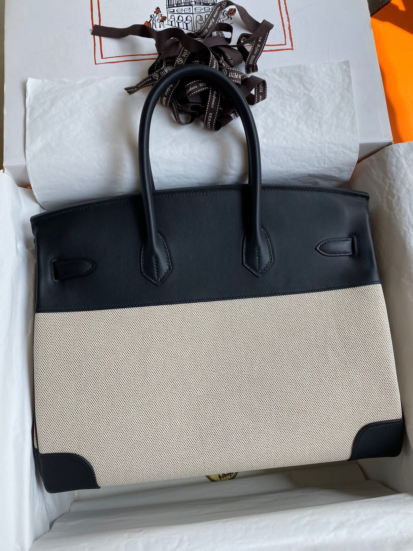 H**mes birkin 35 handmade bag in toile & black swift leather