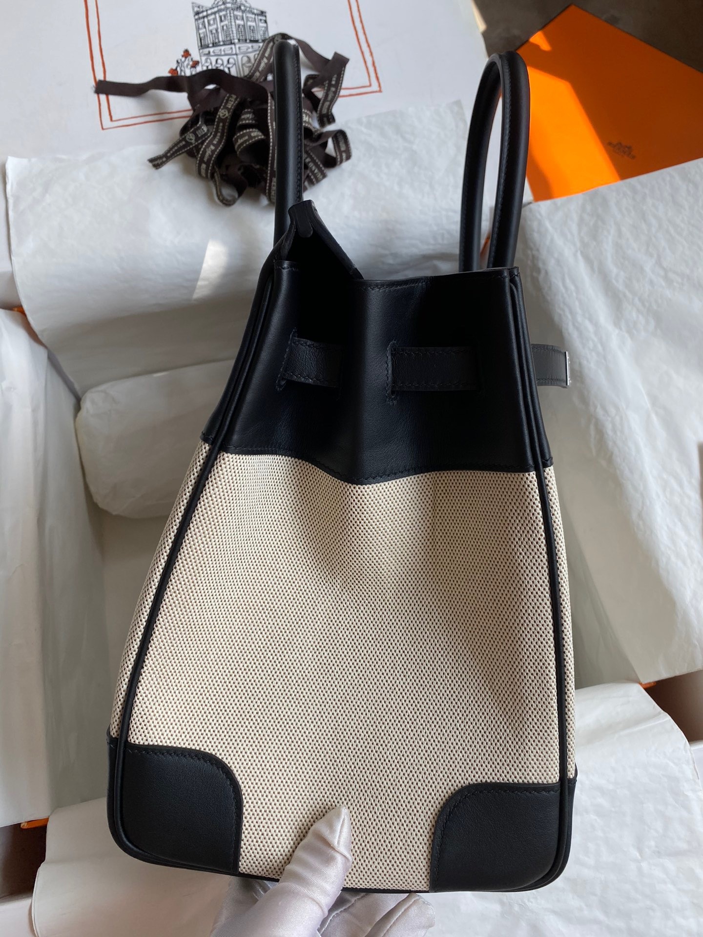 H**mes birkin 35 handmade bag in toile & black swift leather