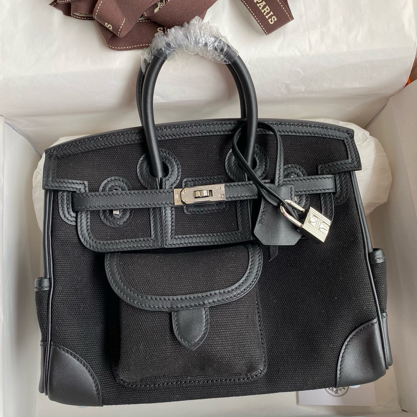 H**mes birkin cargo 25 bag in black toile and swift leather