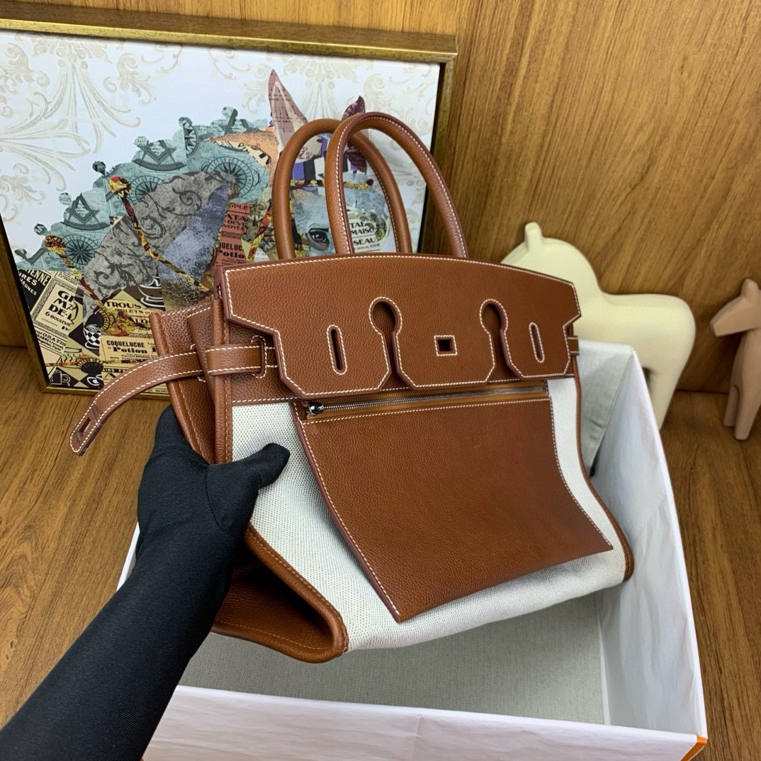 H**mes birkin à l’envers 35 bag in gold clemence leather and canvas