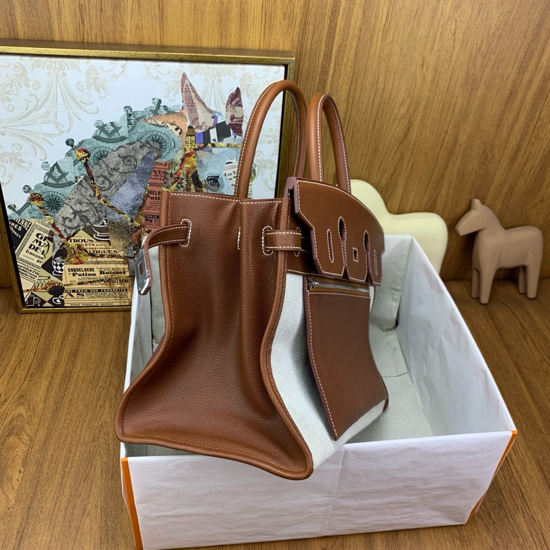 H**mes birkin à l’envers 35 bag in gold clemence leather and canvas